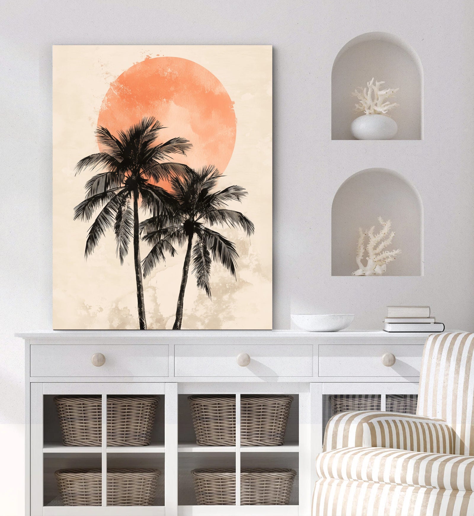 Palm Trees Sunset Boho Wall Art – Minimalist Coastal Canvas Print