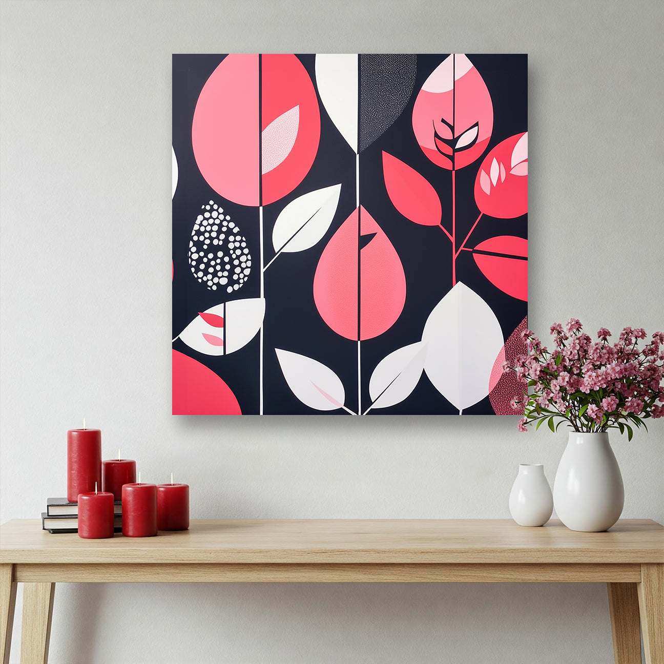 Modern Leaf and Shape Abstract Canvas in Blush and Black