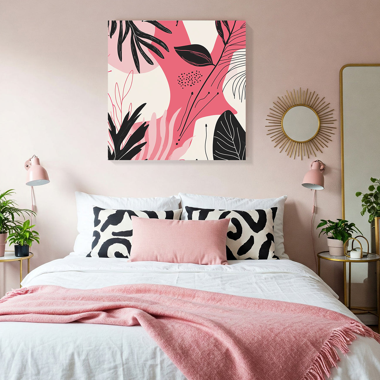 Pink Black Minimalist Leaf Pattern Canvas for Soft Interiors