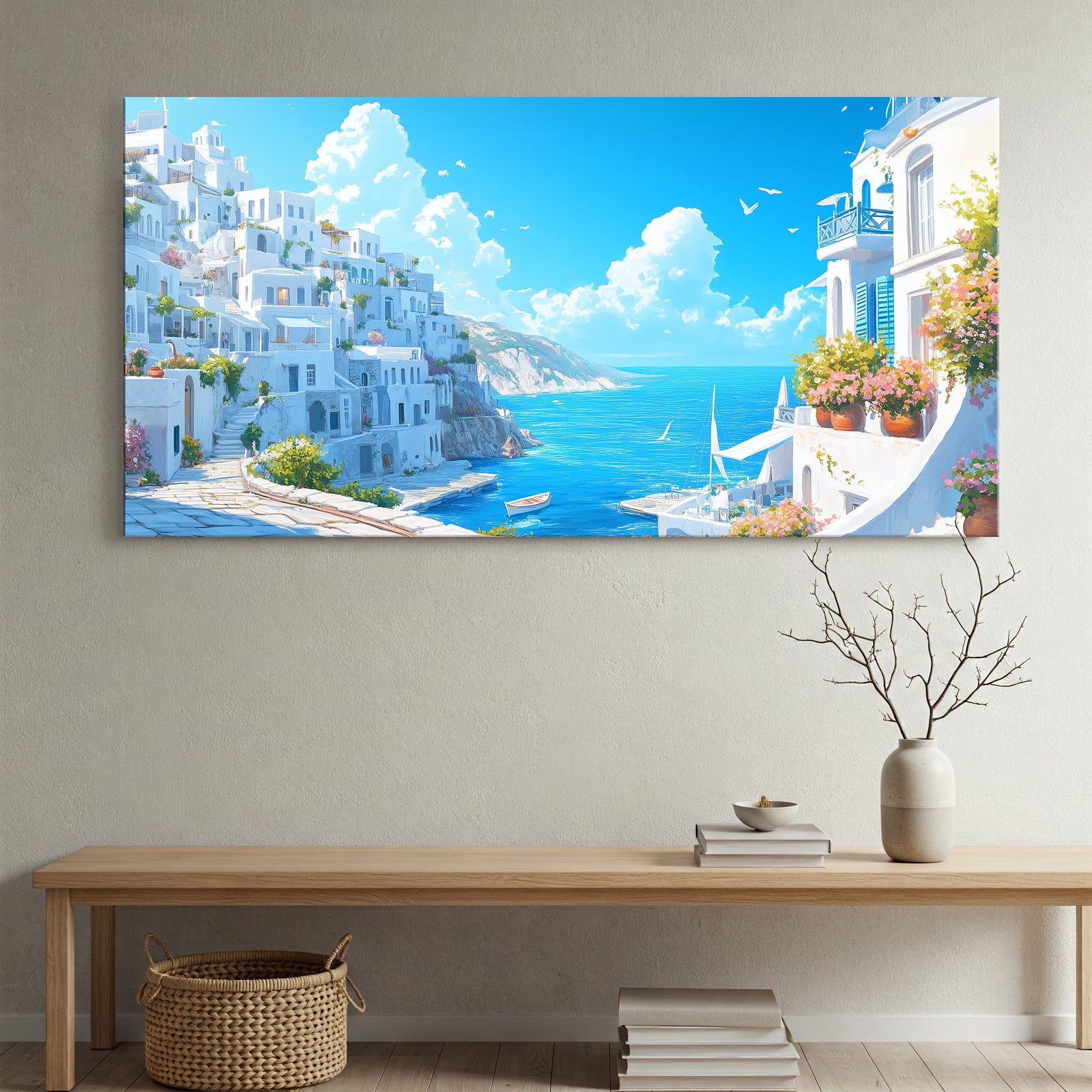 White and Blue Greek Houses with Flowers Wall Canvas