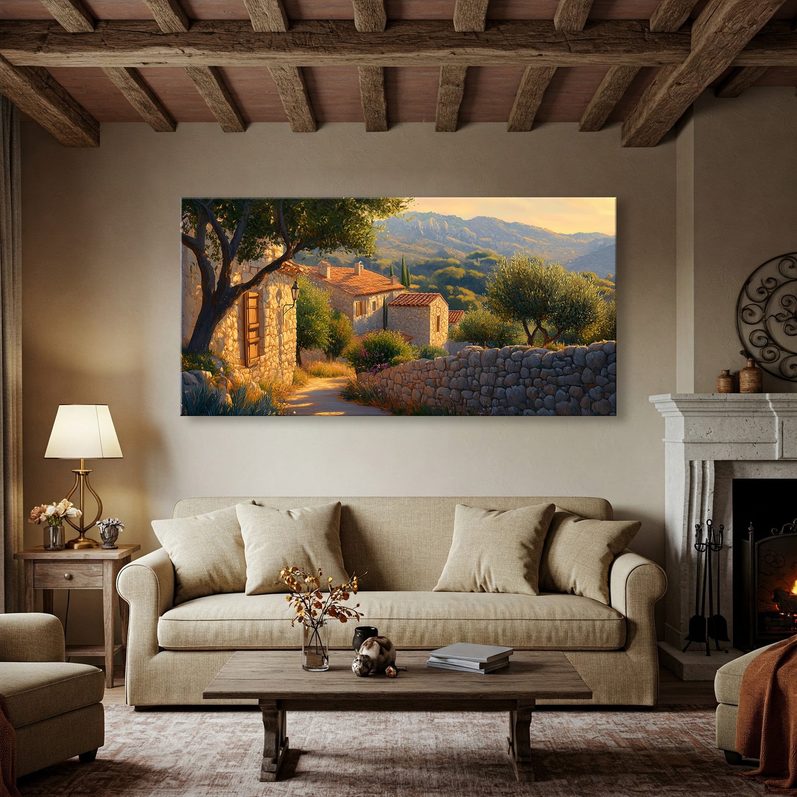 Mediterranean Village Scene with Stone Walls Canvas Art