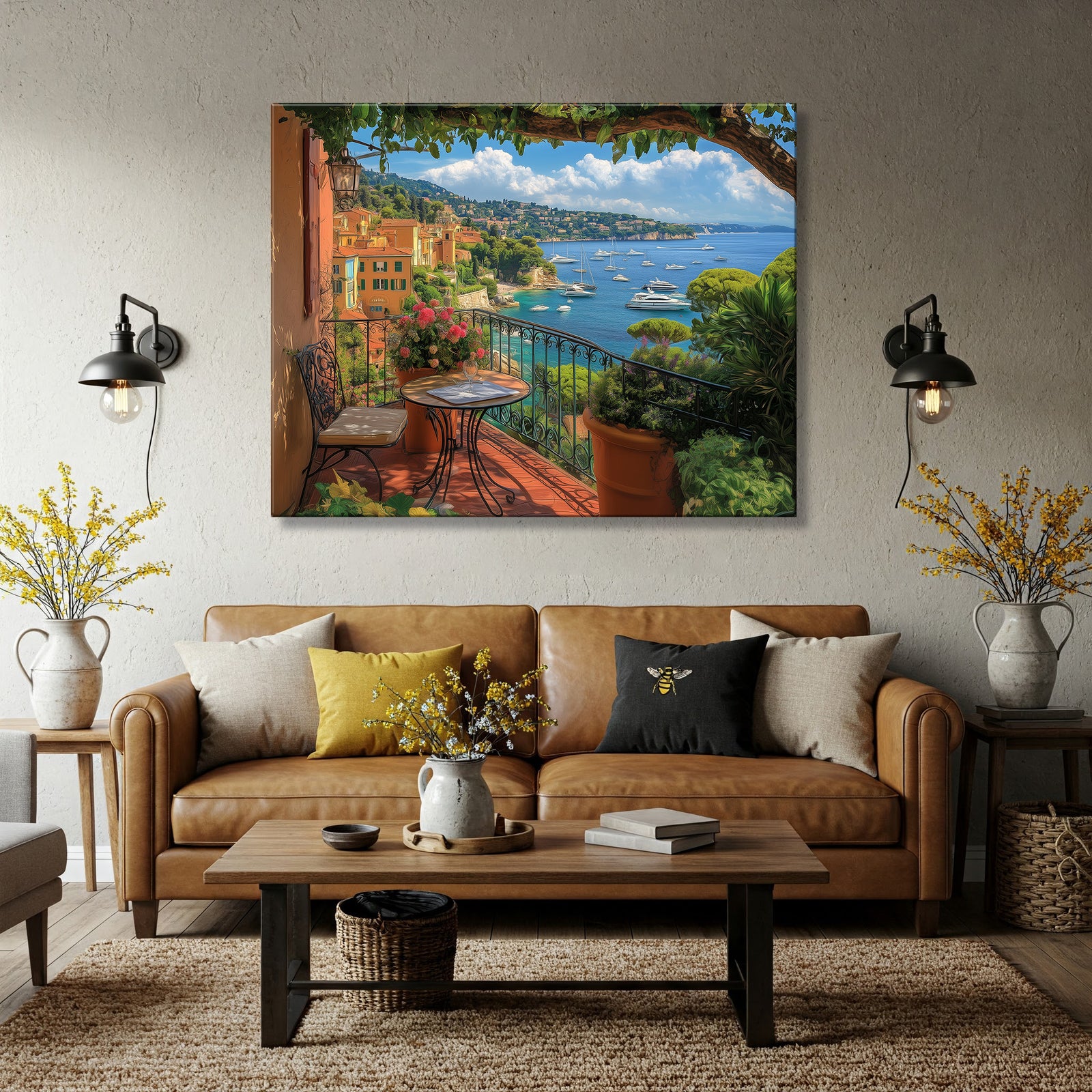 French Riviera Balcony View with Sea and Flowers Canvas
