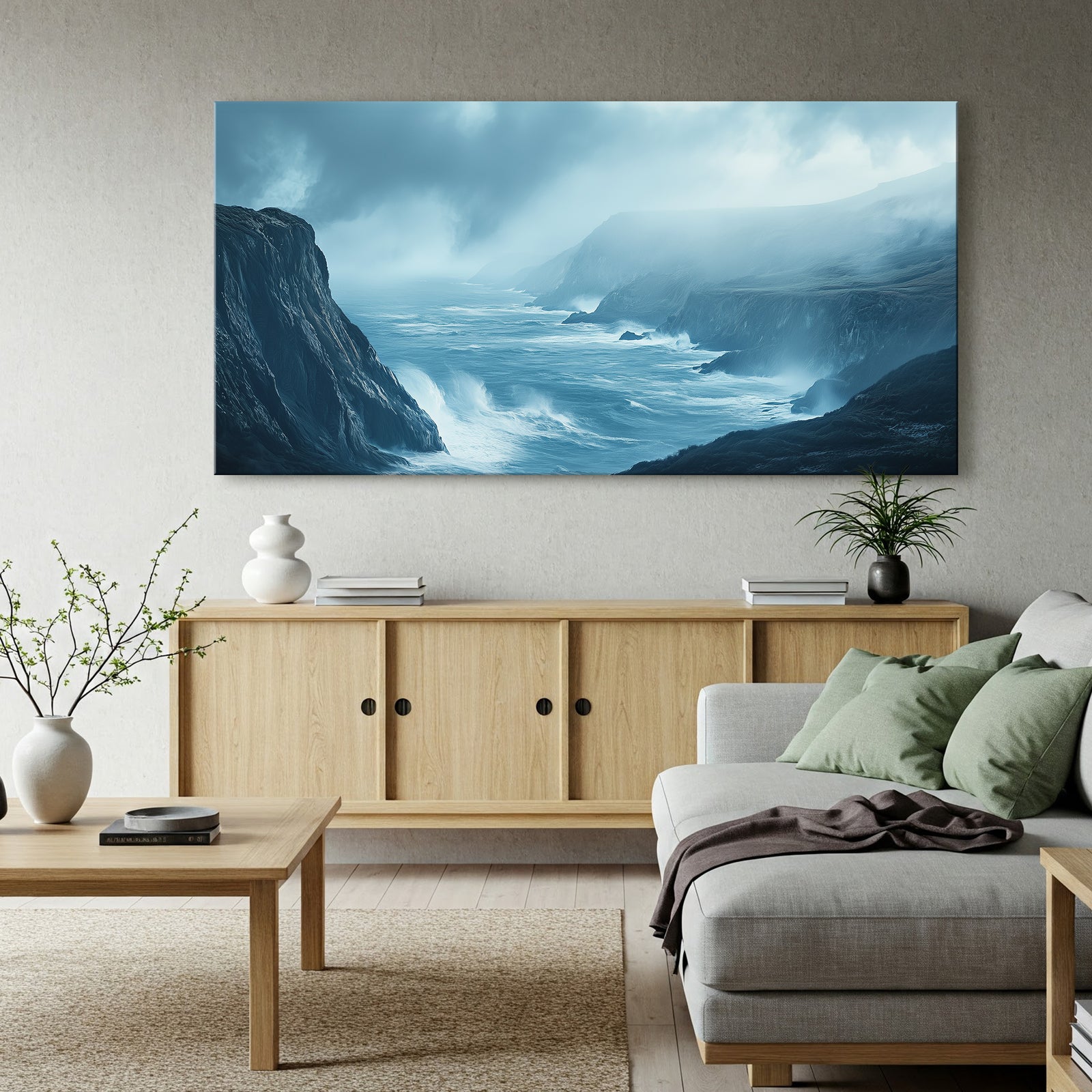 Coastal Cliffside and Waves Canvas in Earthy Tones