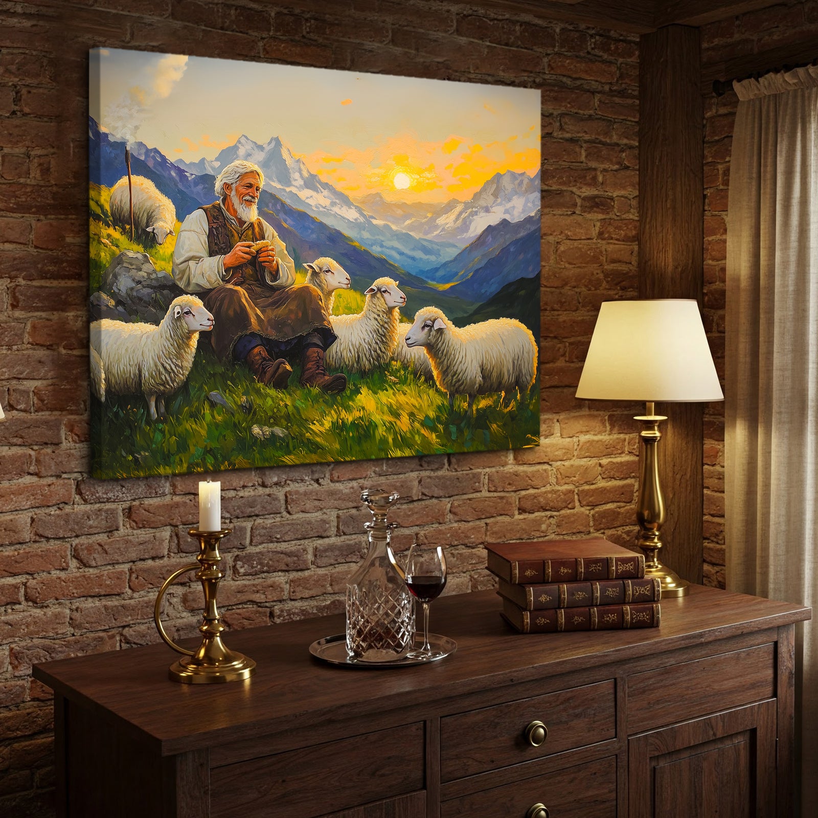 Shepherd and Sheep Pastoral Canvas in Vintage Oil Style
