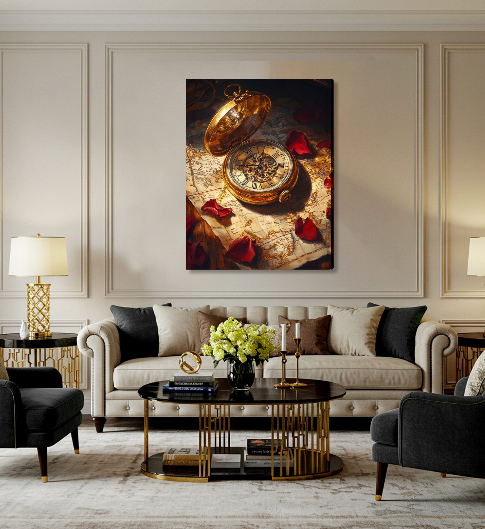 Vintage Pocket Watch and Old Map Oil Painting Canvas Wall Art