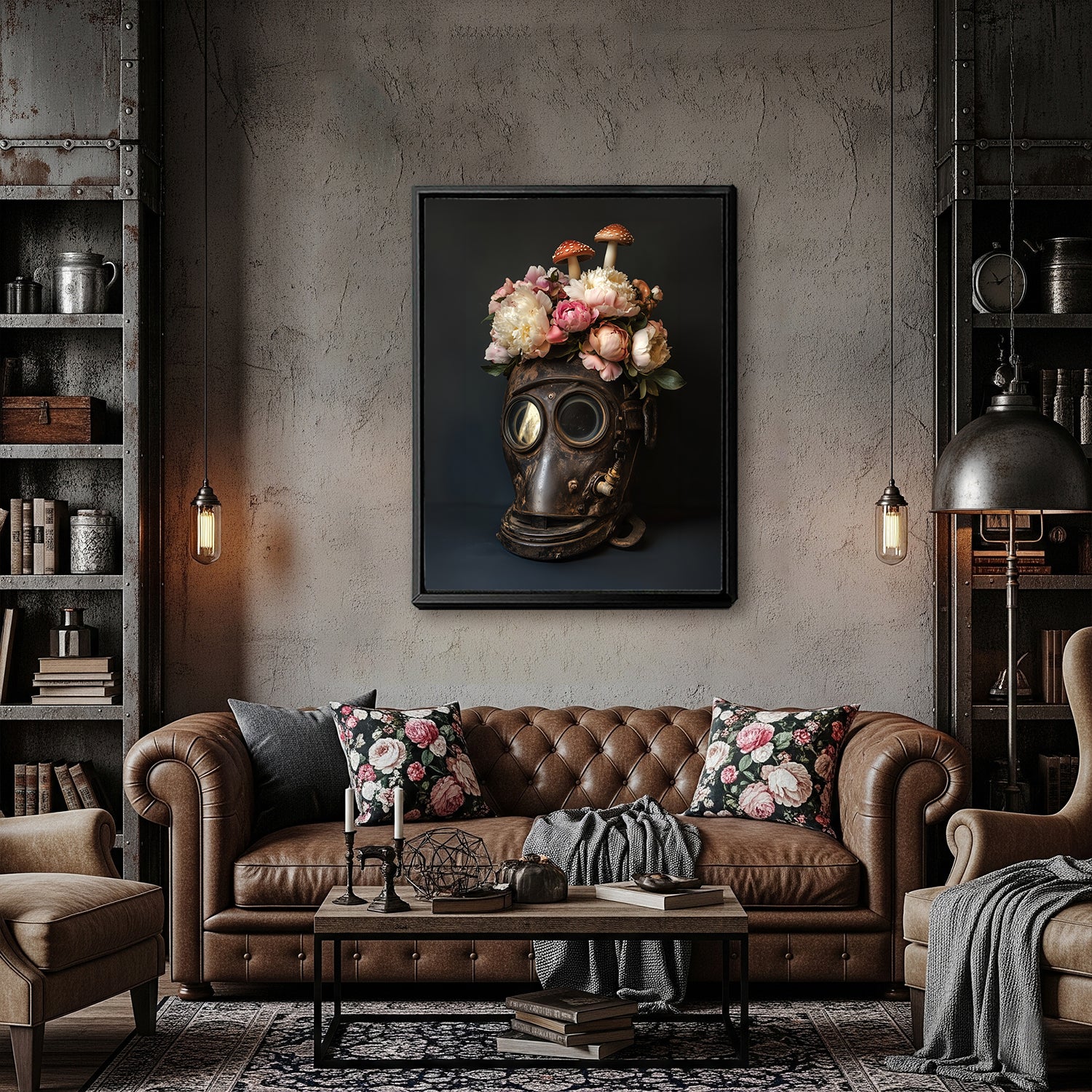 Blooming Flowers In Diving Helmet Vintage Canvas Art