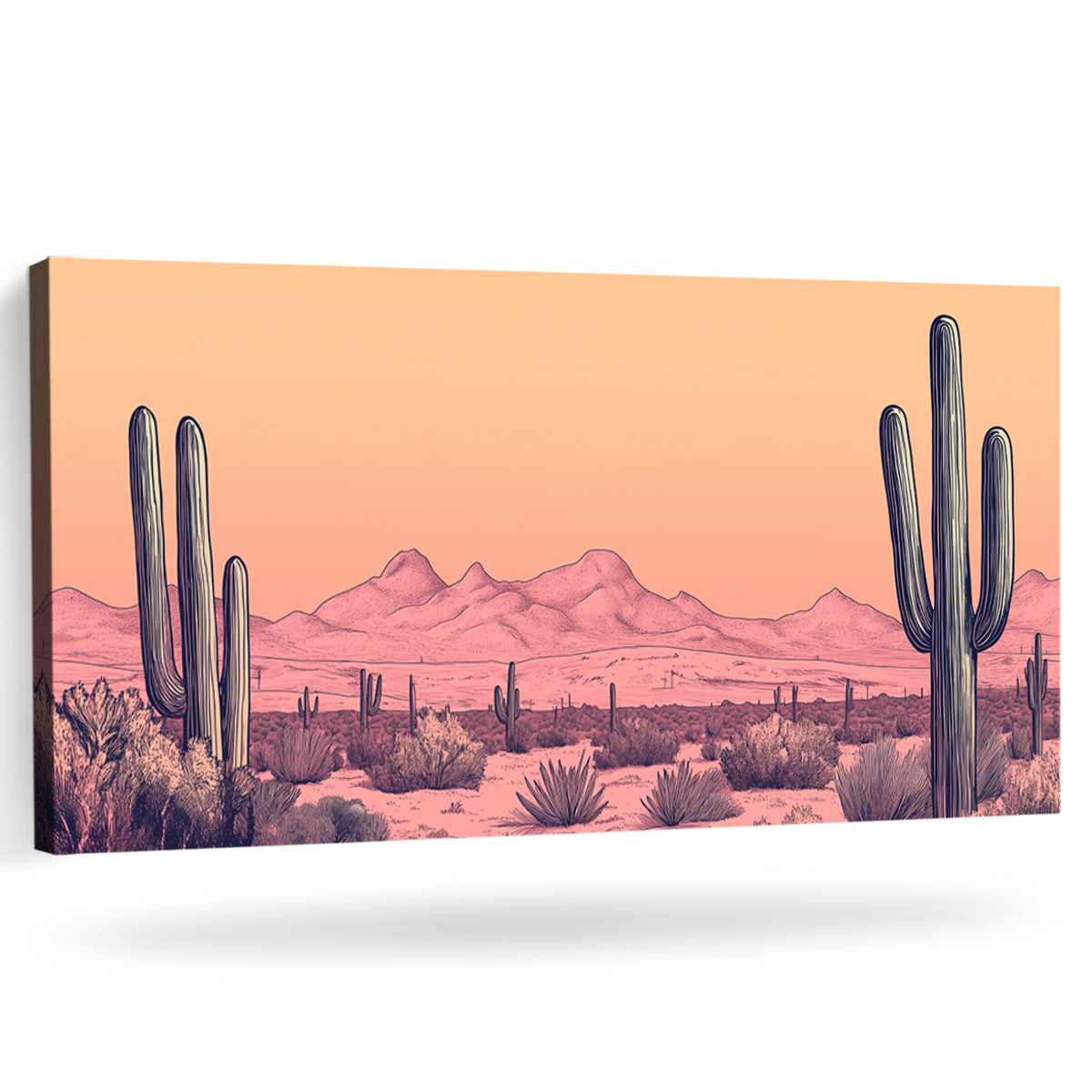 Boho Desert Cactus Line Art at Dusk with Warm Tones