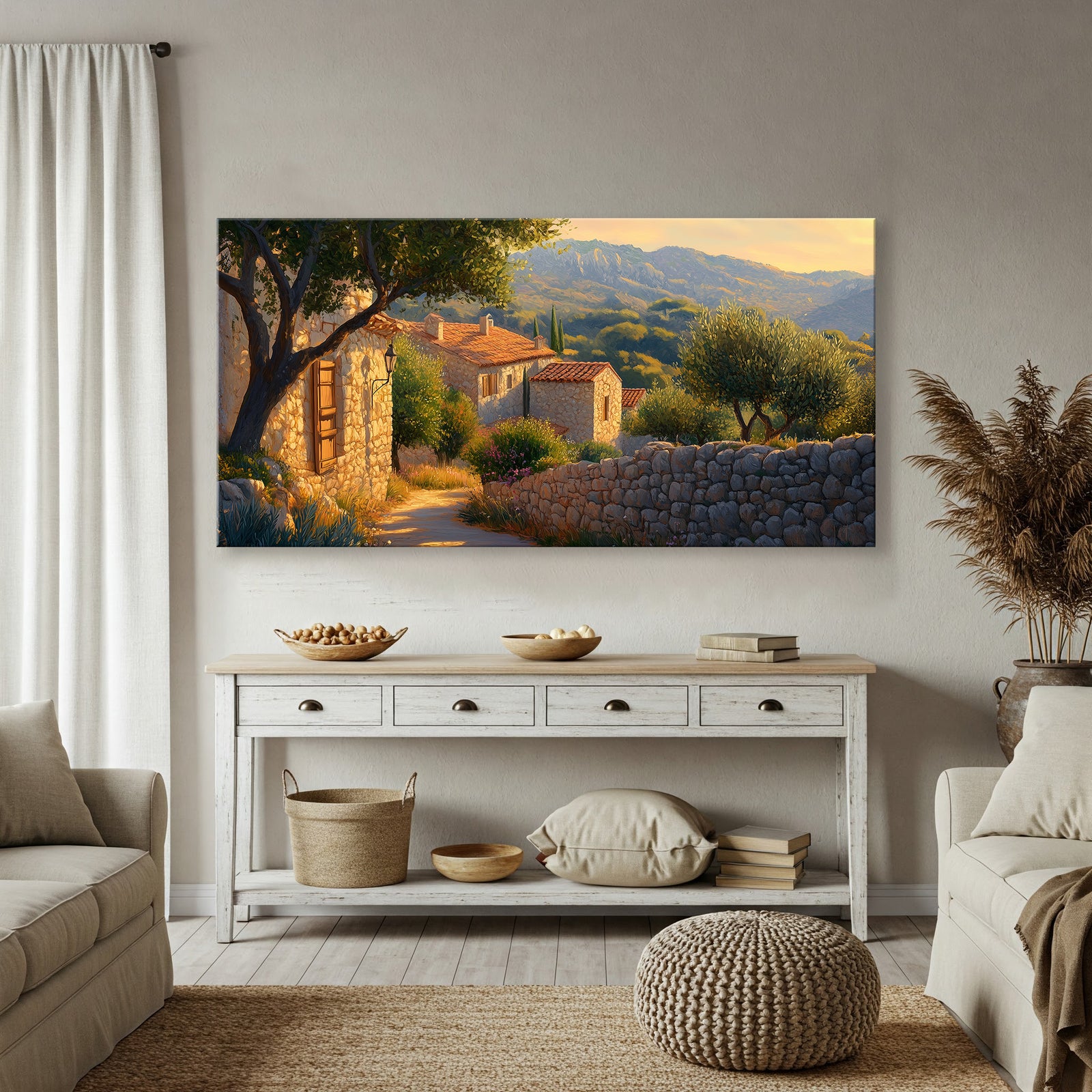 Mediterranean Village Scene with Stone Walls Canvas Art
