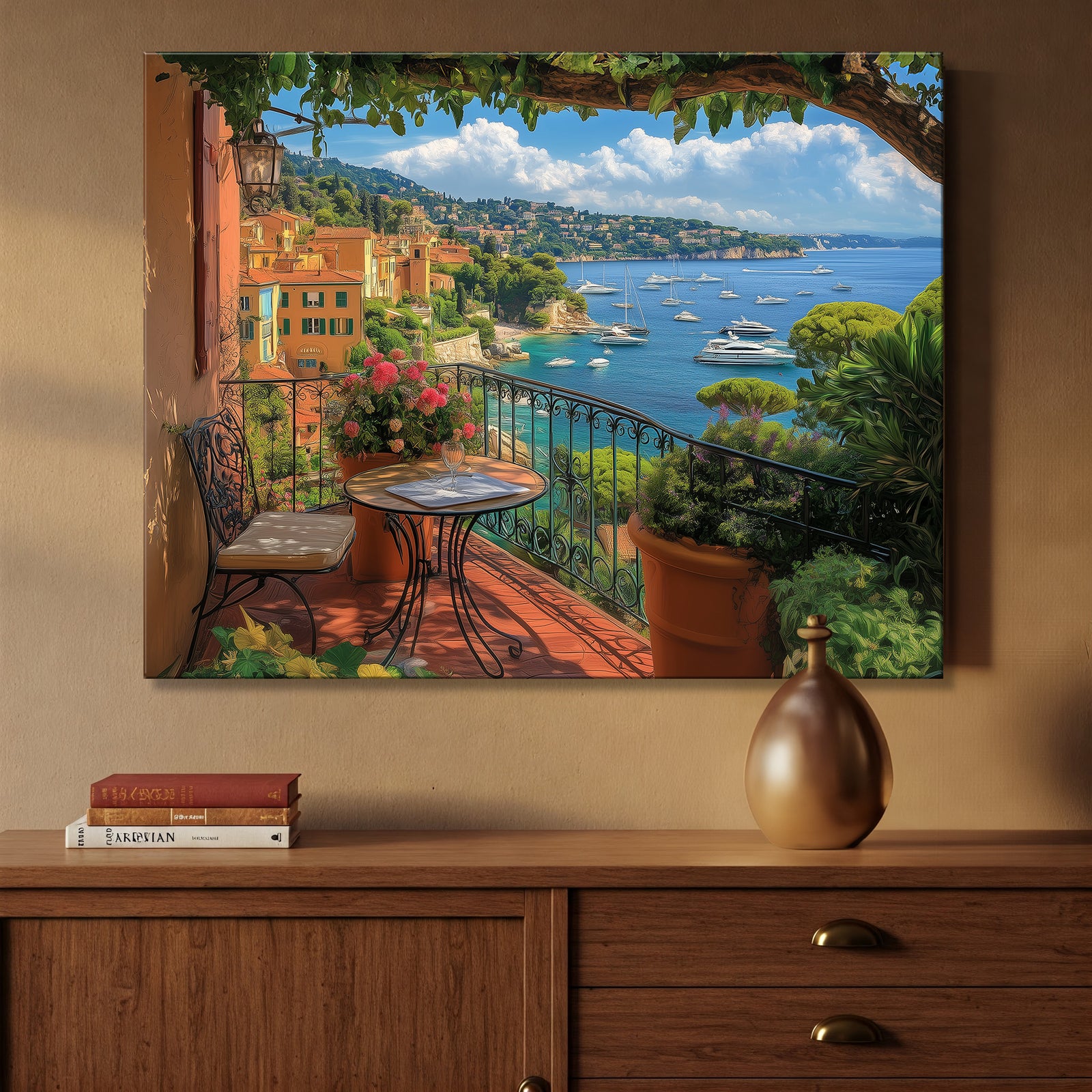 French Riviera Balcony View with Sea and Flowers Canvas