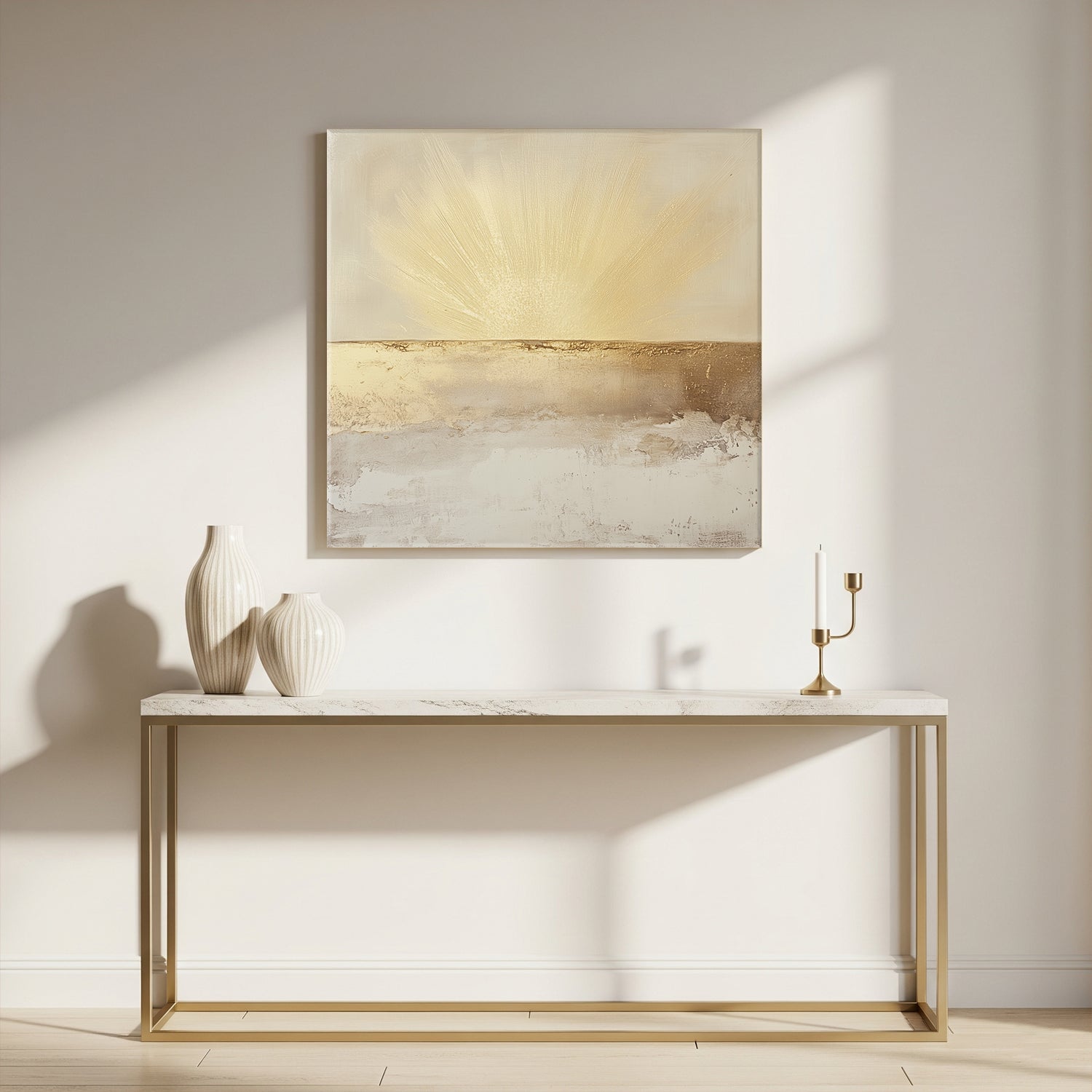 Golden Light Rays on Beige Horizon Abstract Canvas Print