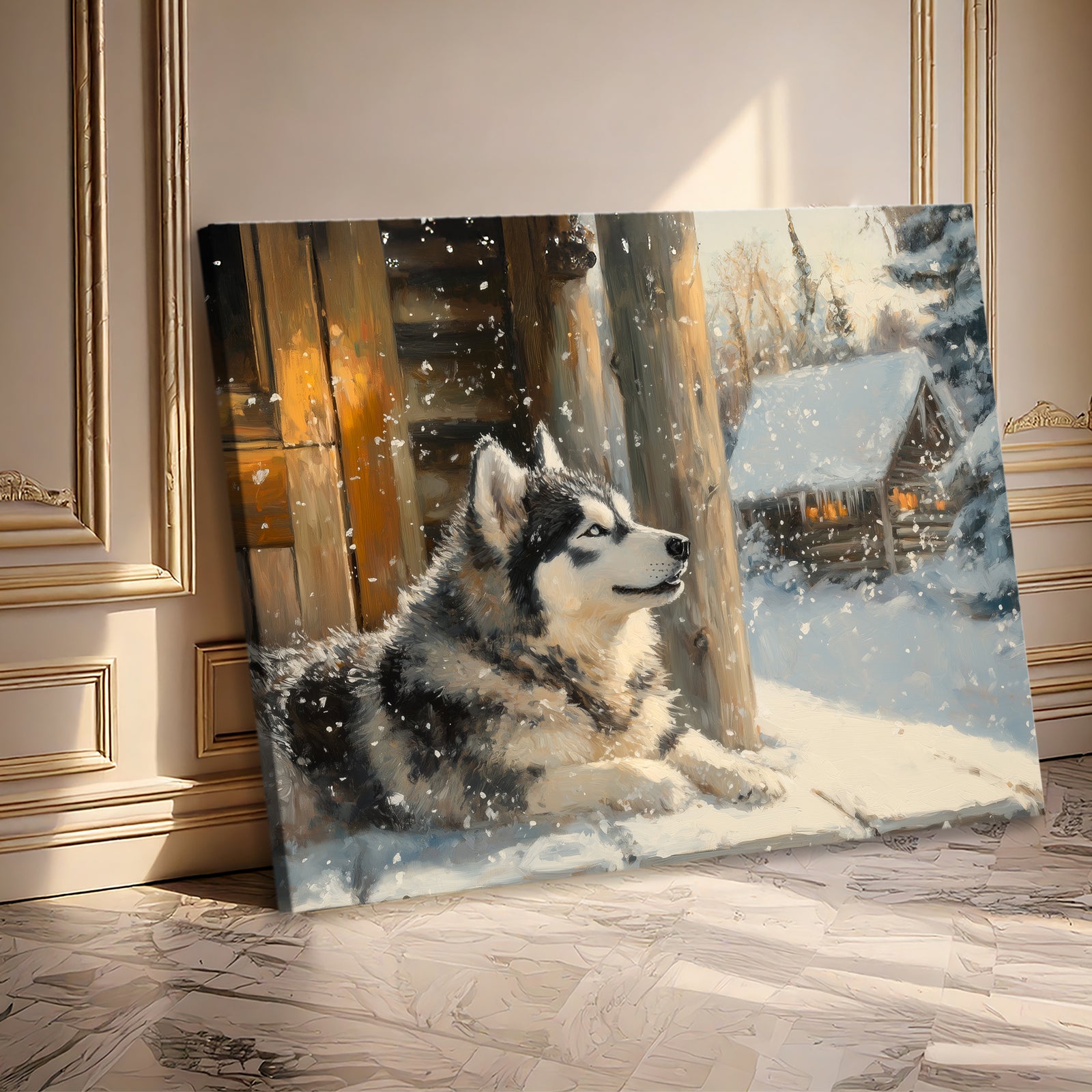 Cozy Alaskan Malamute Winter Oil Painting Canvas