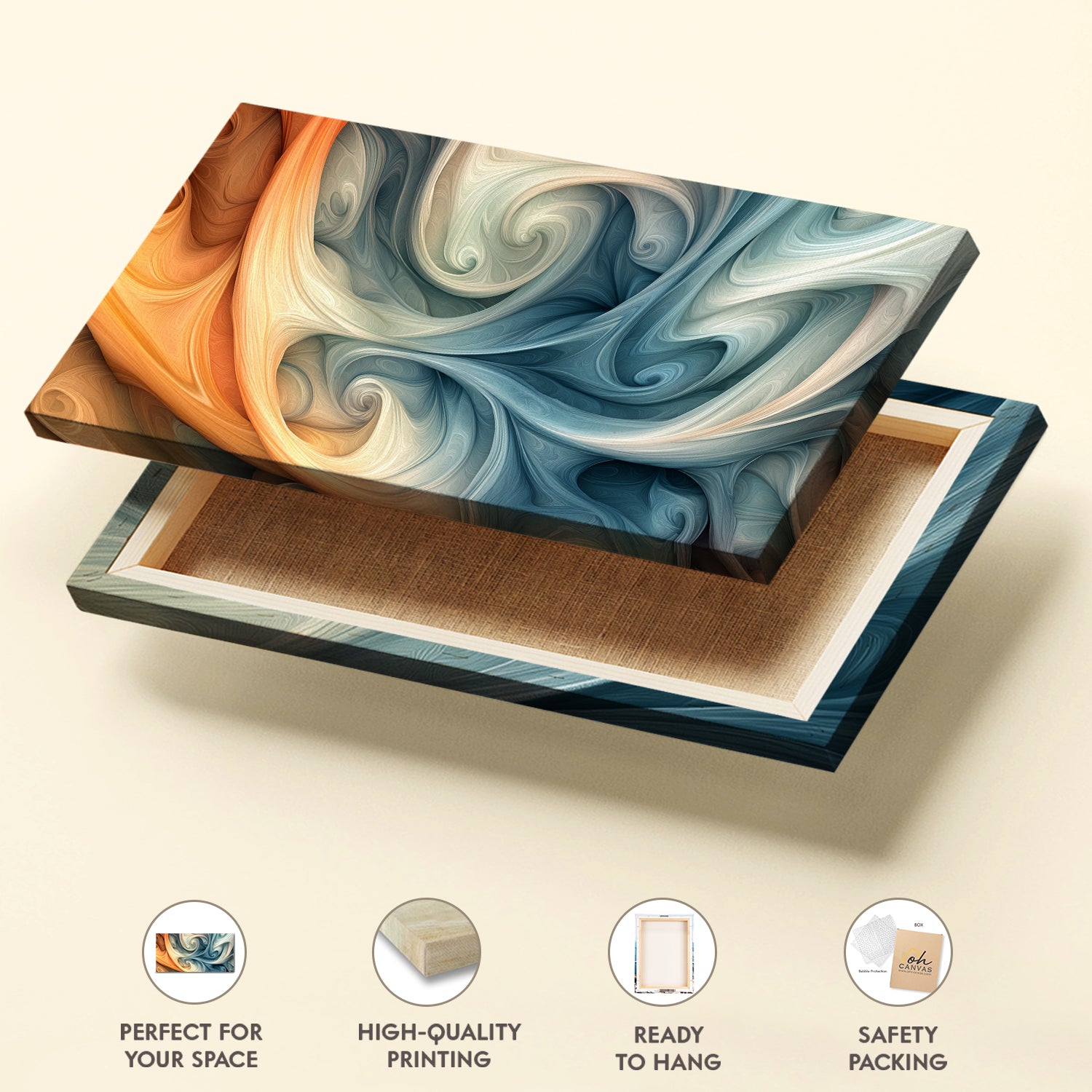 Modern Swirling Abstract Canvas in Cream and Gold Tones