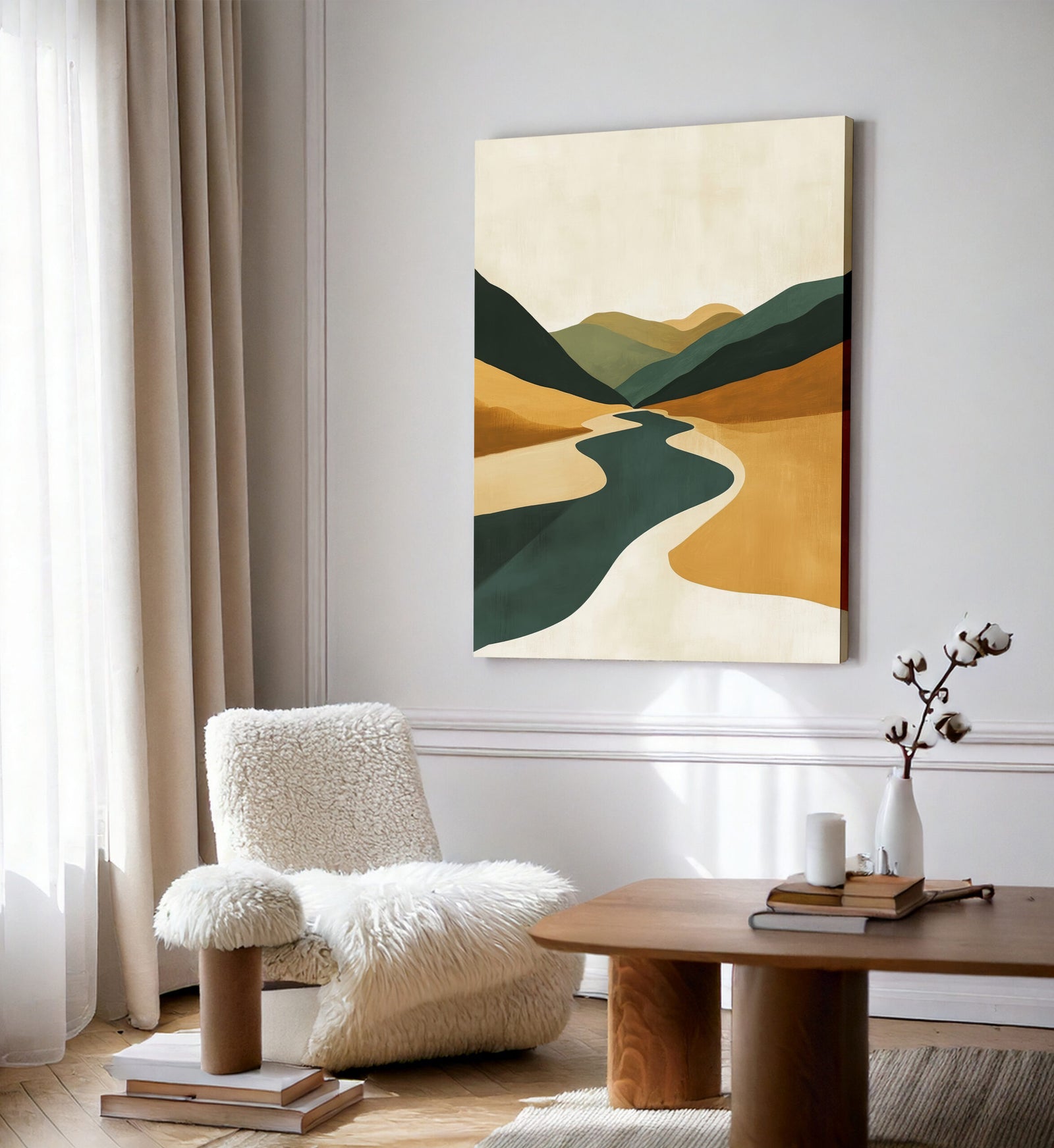 River Through Golden Valley Abstract Landscape Artwork