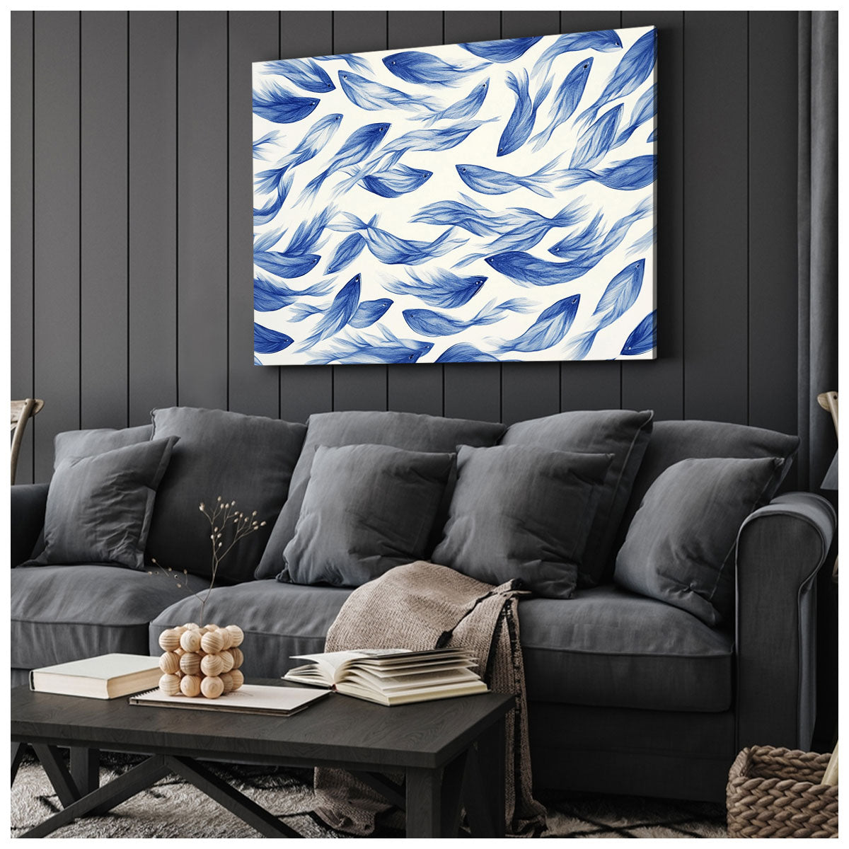 Blue Flowing Fish Horizontal Canvas Abstract Wall Art