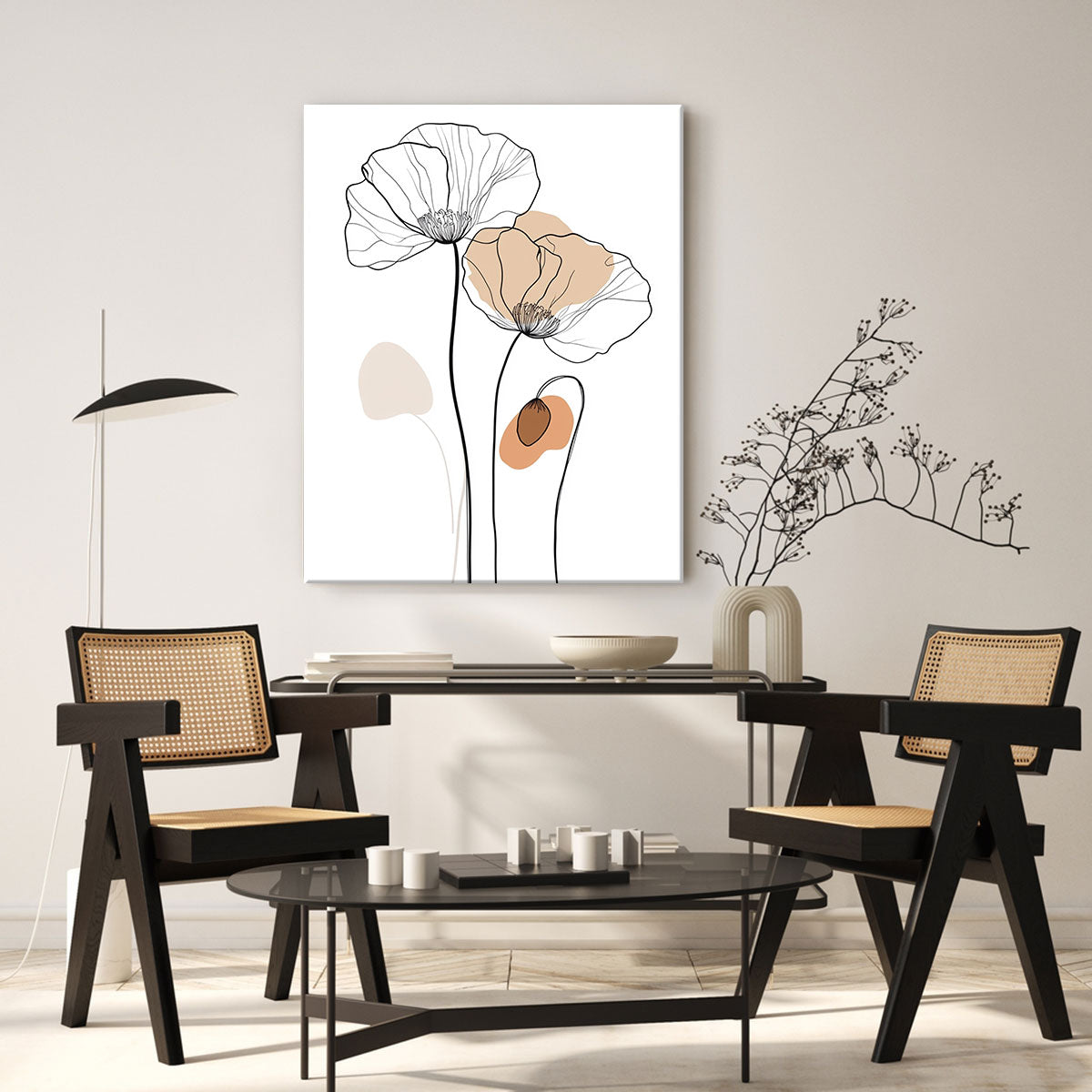 One-Line Poppy Flower Canvas Wall Art – Minimalist Floral Line Drawing Print