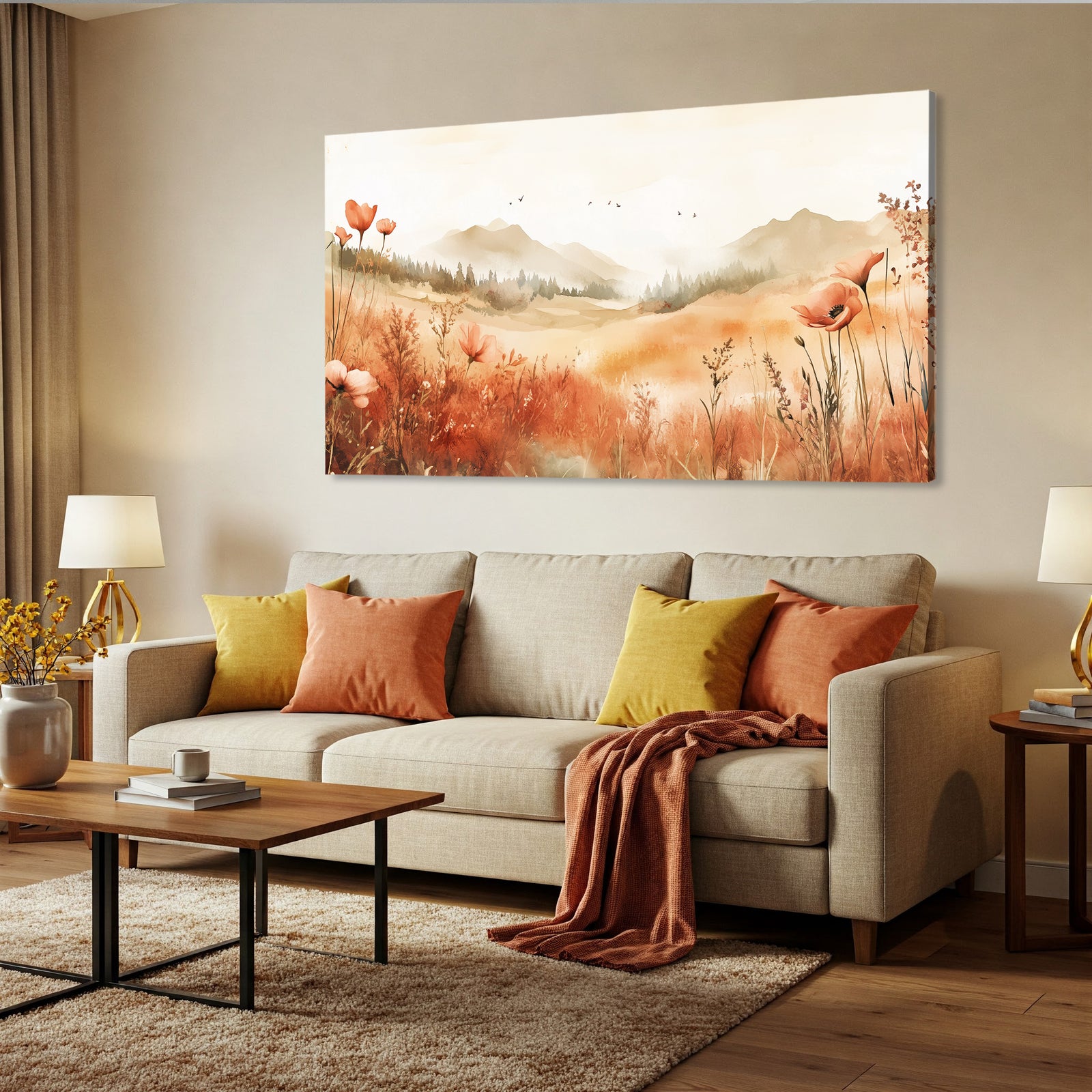 Boho Watercolor Floral Landscape Canvas Wall Art
