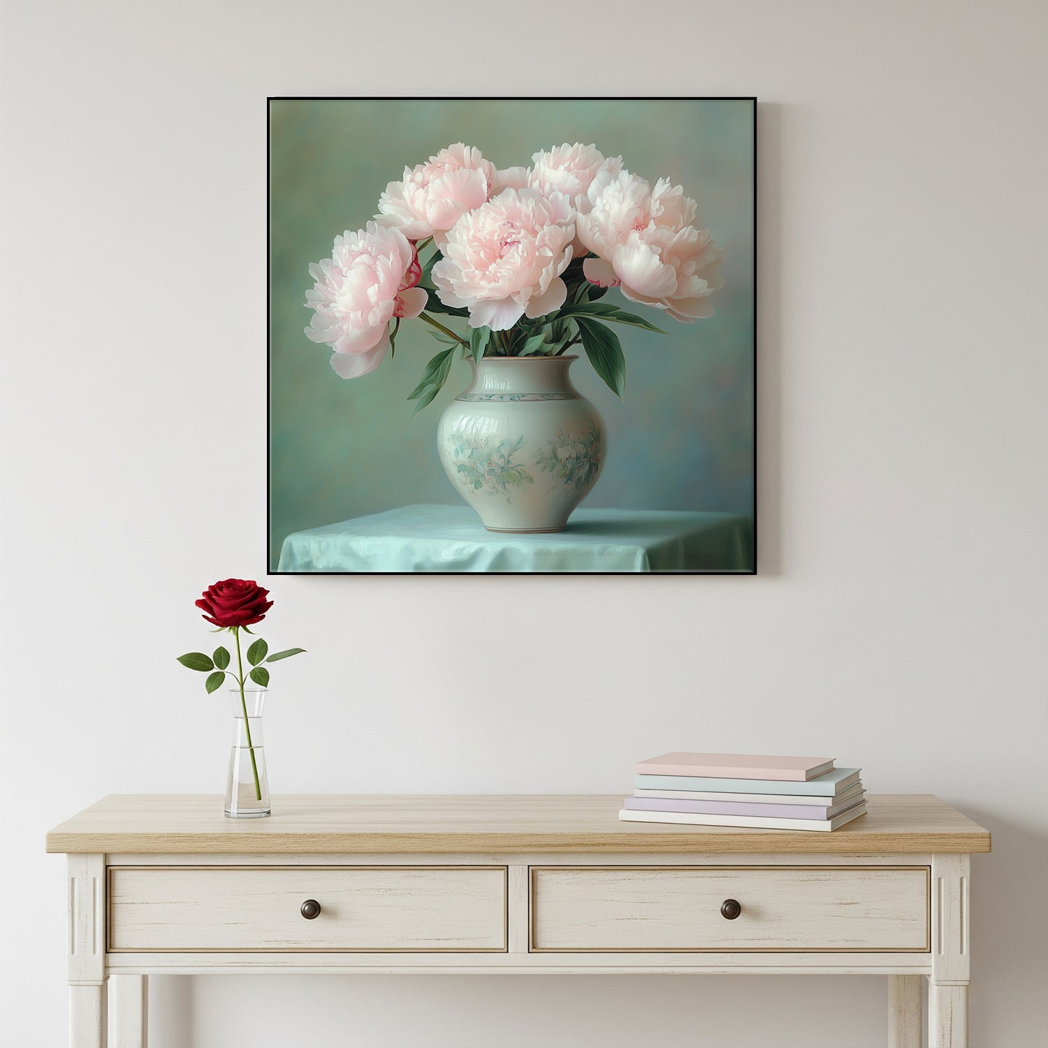 Delicate Peonies in Soft Ceramic Vase Canvas Print