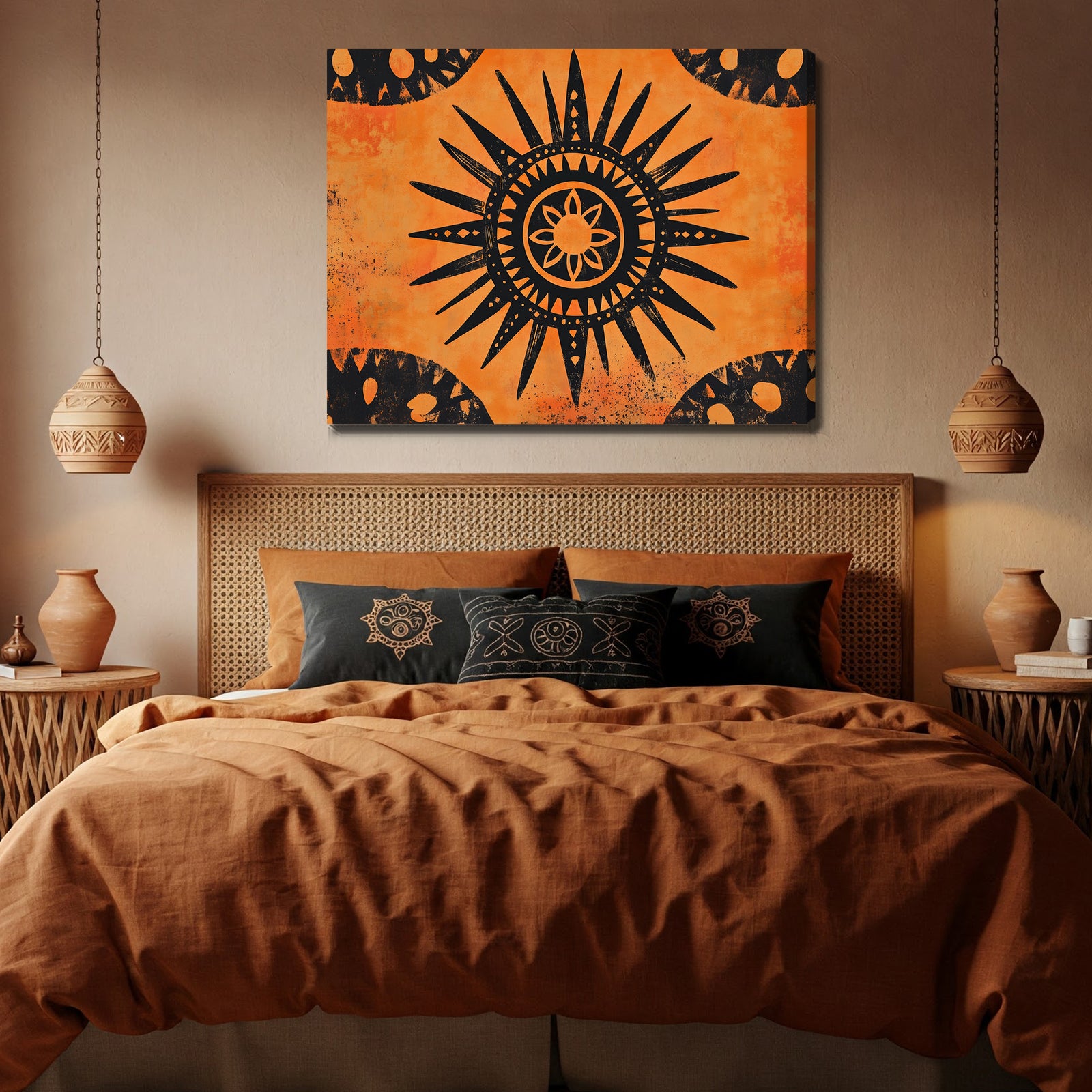 Tribal Sun Rustic Boho Wall Art Print – Terracotta Concentric Design