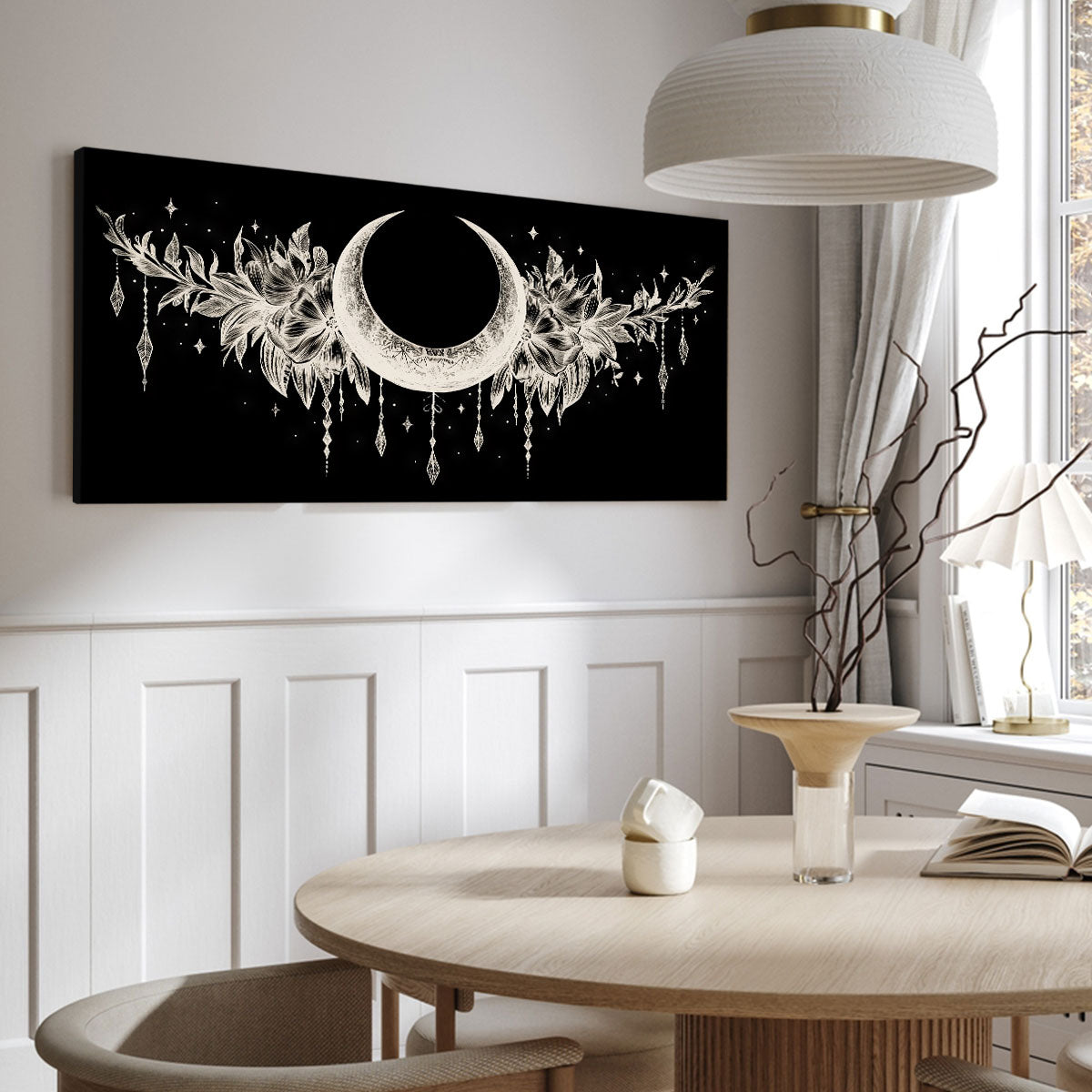Crescent Moon and Floral Line Art Boho Canvas Wall Decor