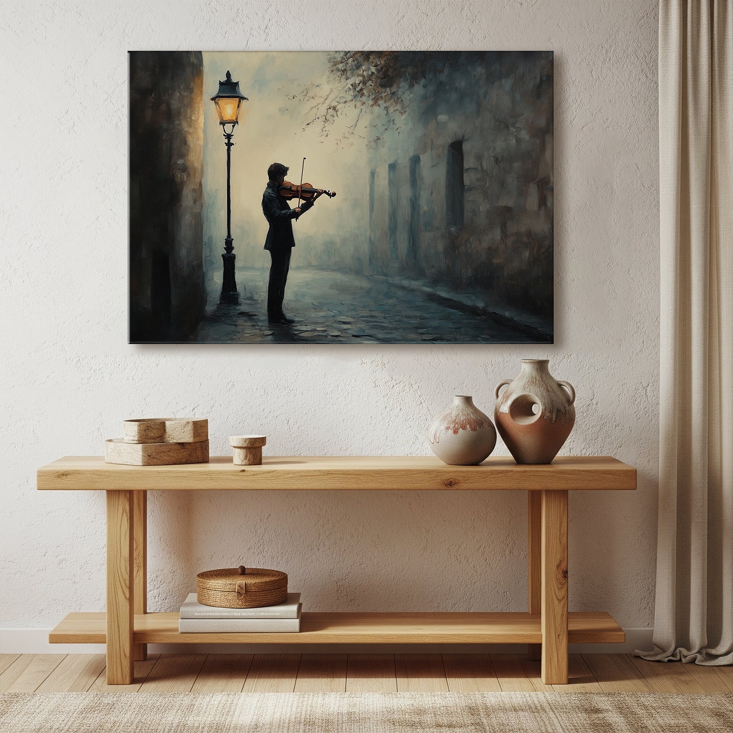 Elegant oil painting of violinist in golden evening light