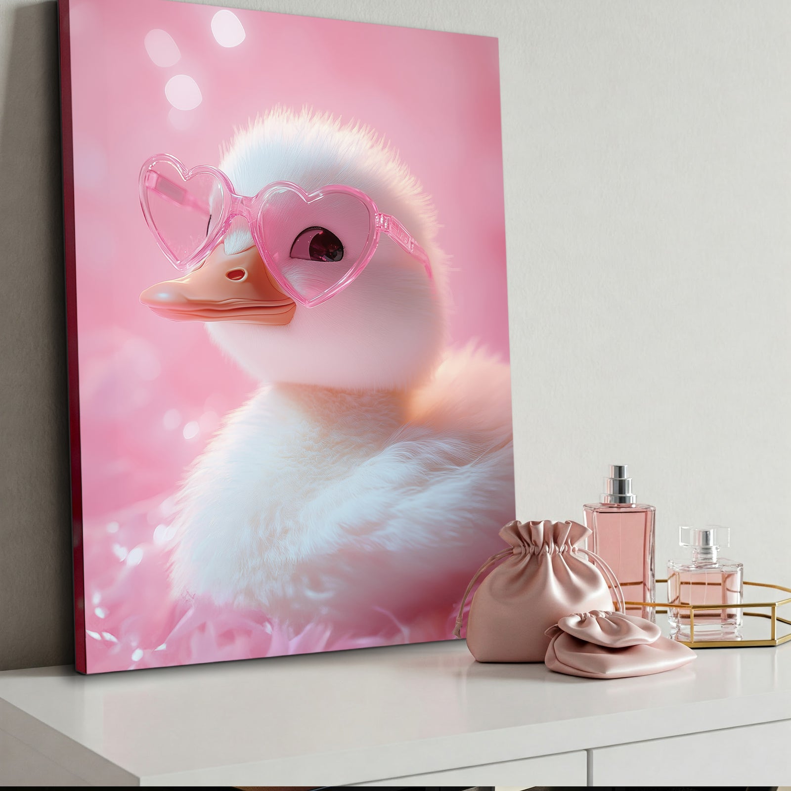 Cute Duck with Pink Heart Glasses Funny Bathroom Art