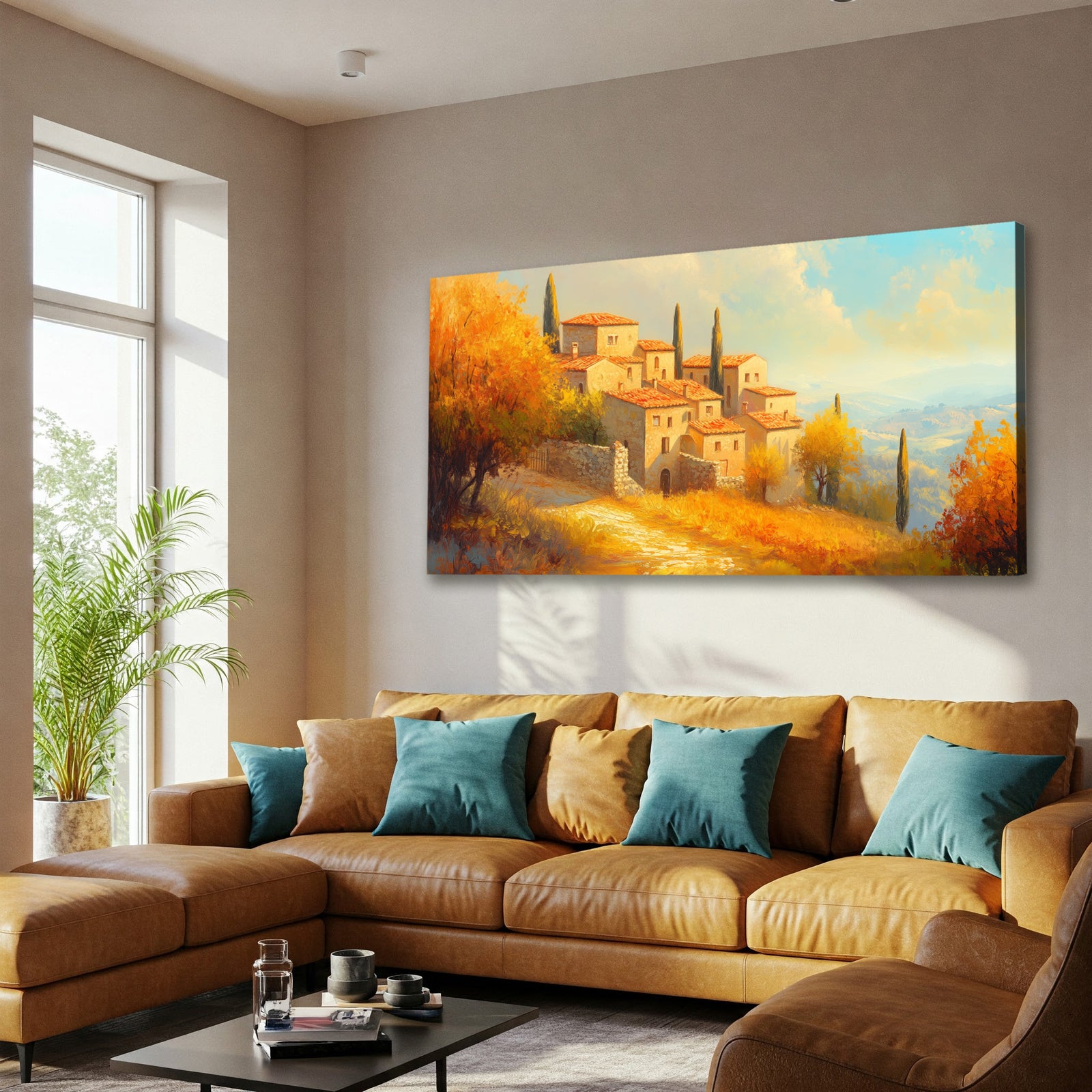 Panoramic Stone Village Scene Canvas in Rustic Boho Style