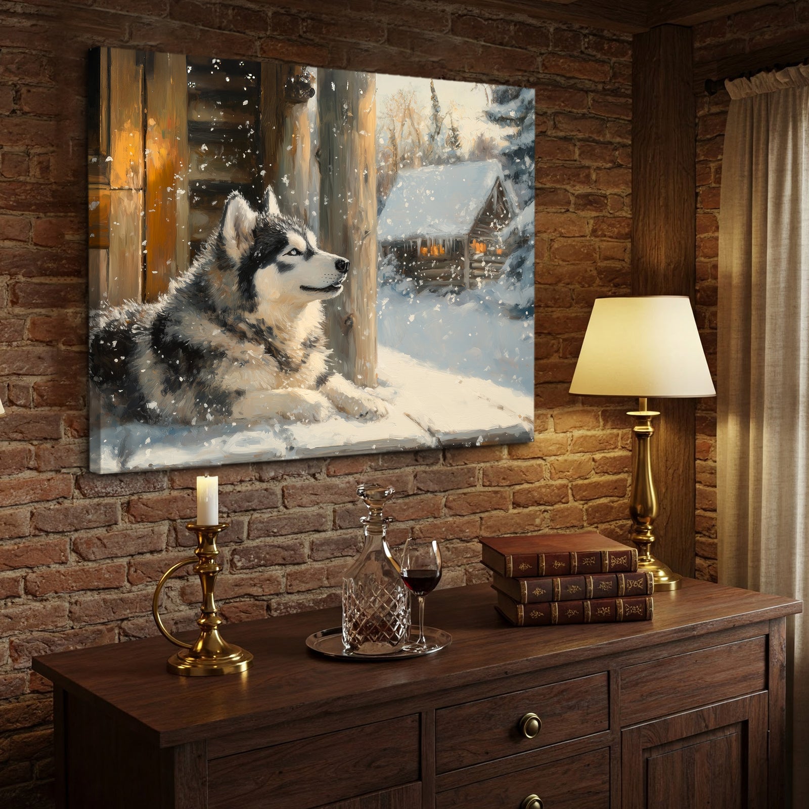 Cozy Alaskan Malamute Winter Oil Painting Canvas