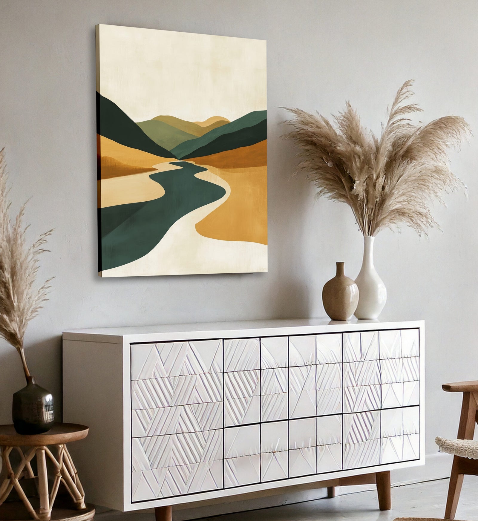 River Through Golden Valley Abstract Landscape Artwork
