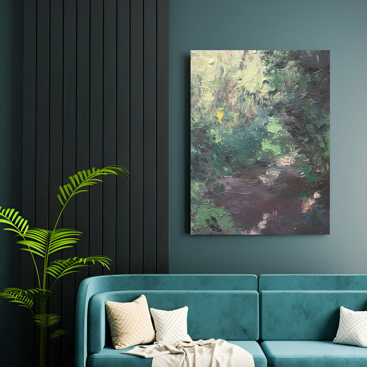 Serene Forest Stream Abstract Landscape Oil Painting Canvas Wall Art for Living Room Bedroom