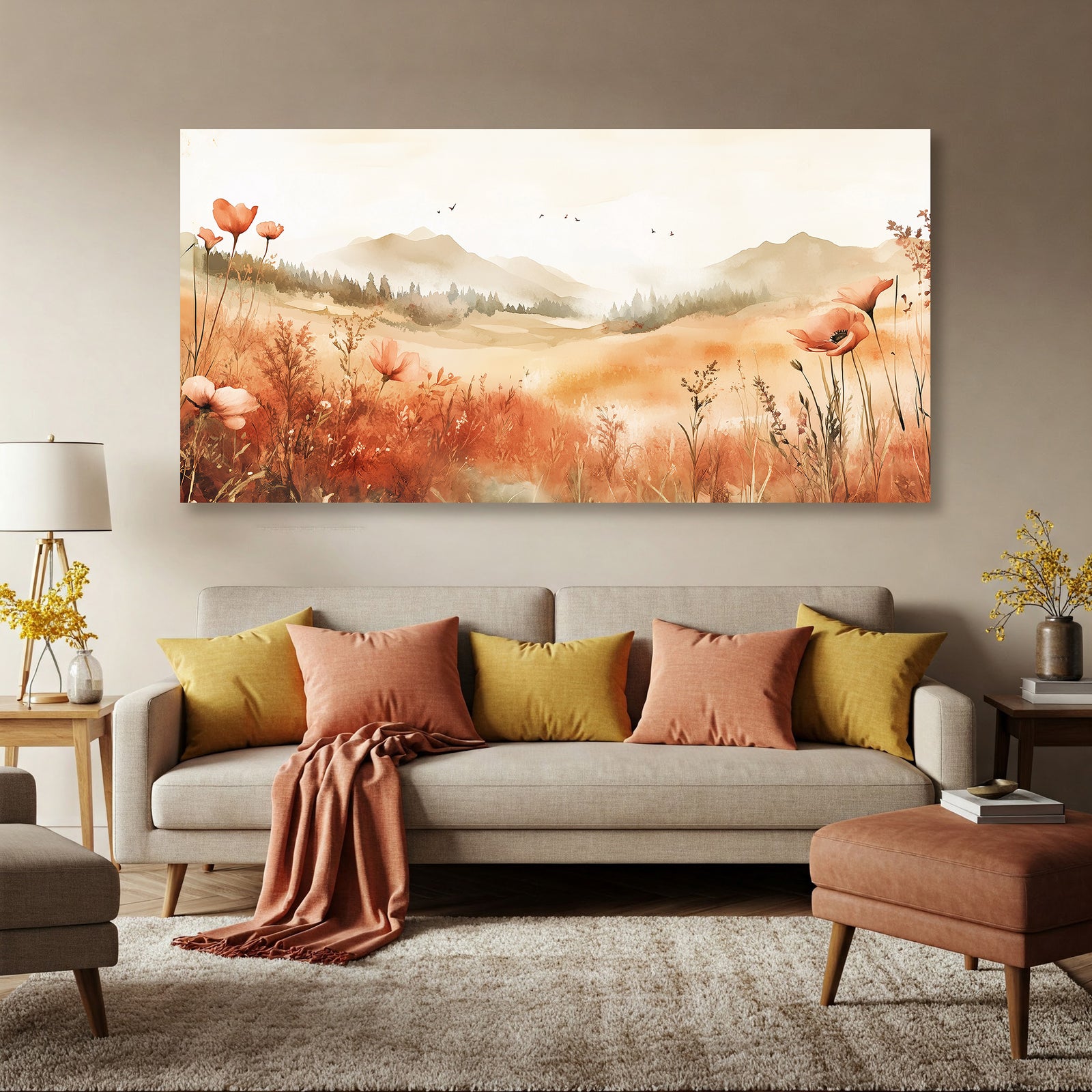 Boho Watercolor Floral Landscape Canvas Wall Art