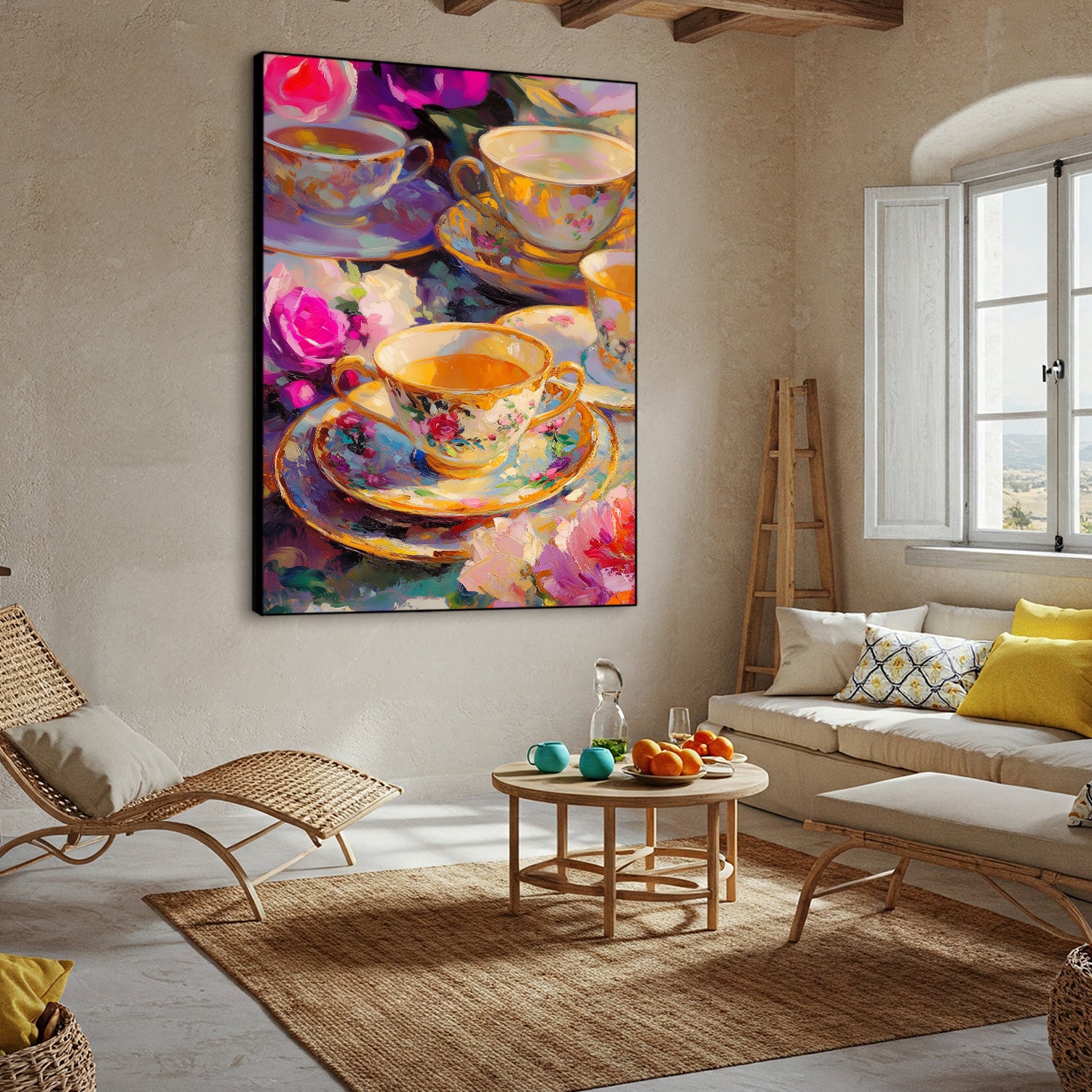 Still Life Vintage Floral Teacups Fine Art Canvas