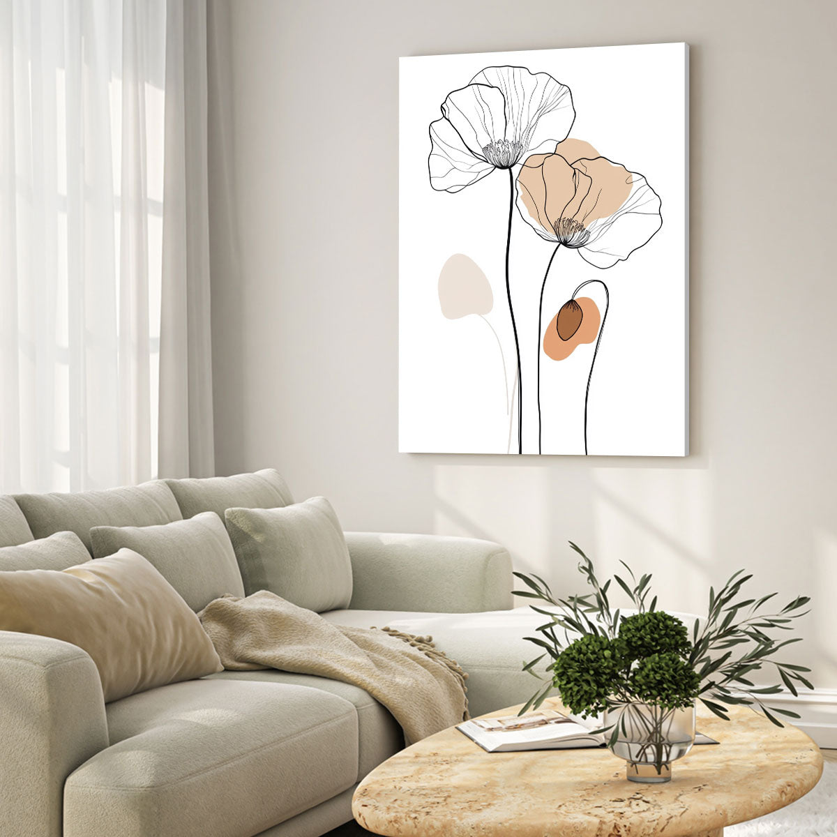 One-Line Poppy Flower Canvas Wall Art – Minimalist Floral Line Drawing Print