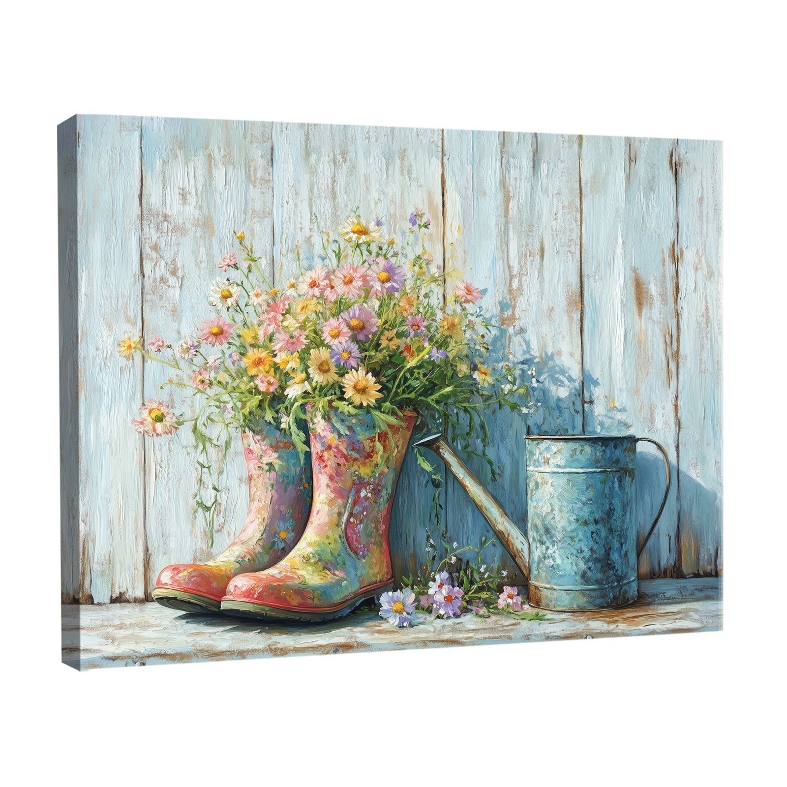 Rustic Floral Rain Boots – Vintage Farmhouse Oil Painting Canvas Wall Art