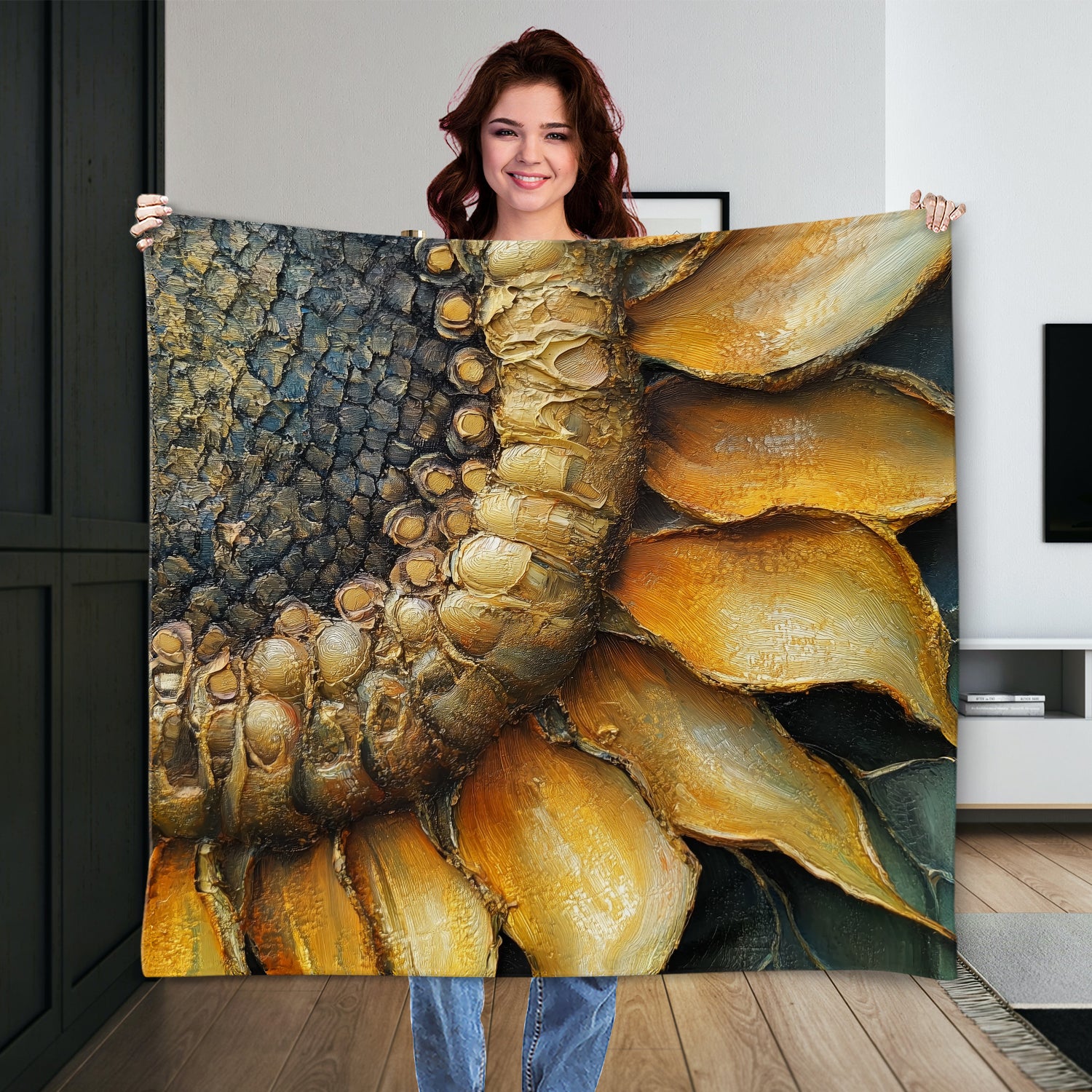 Close-up sunflower canvas print with oil-style texture