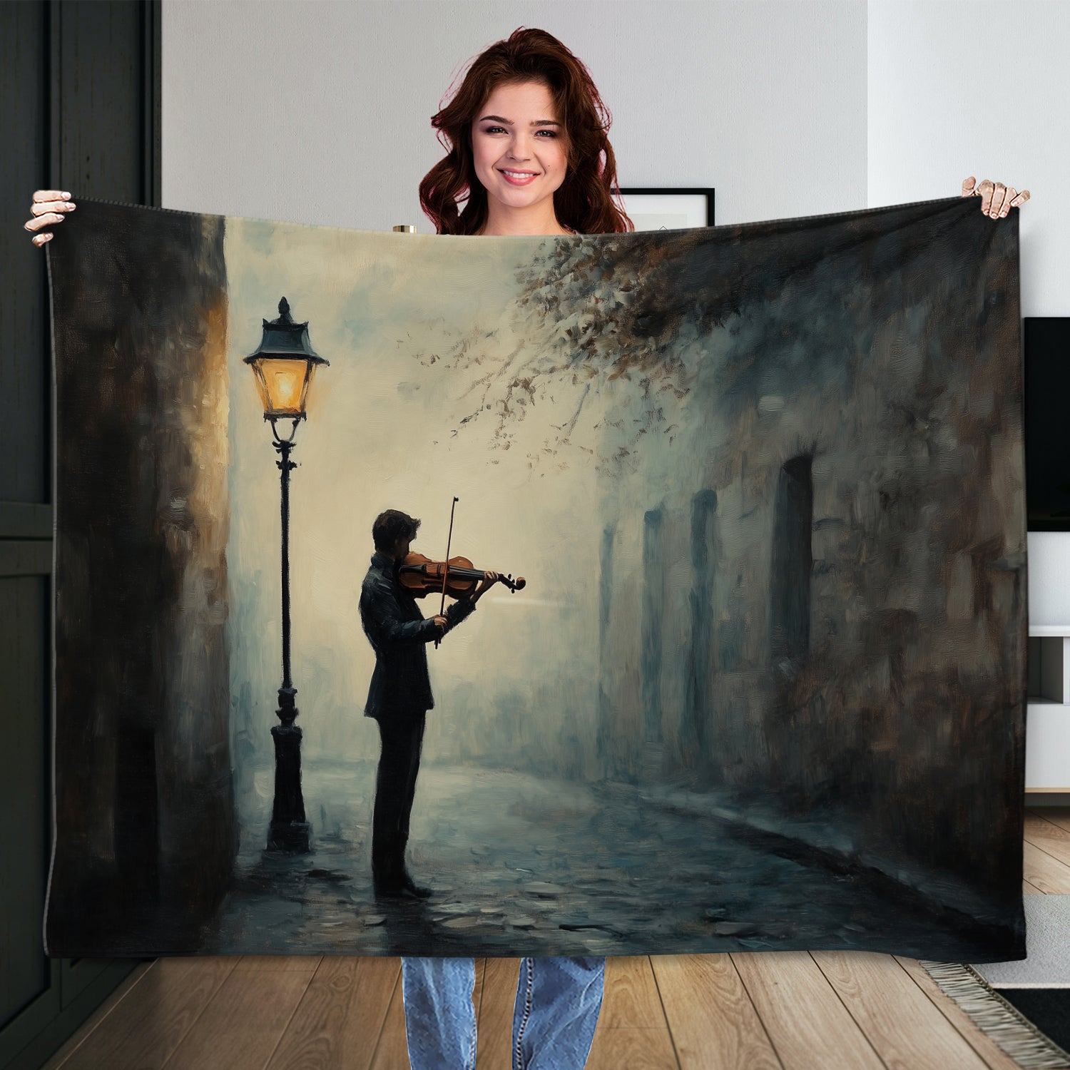 Elegant oil painting of violinist in golden evening light