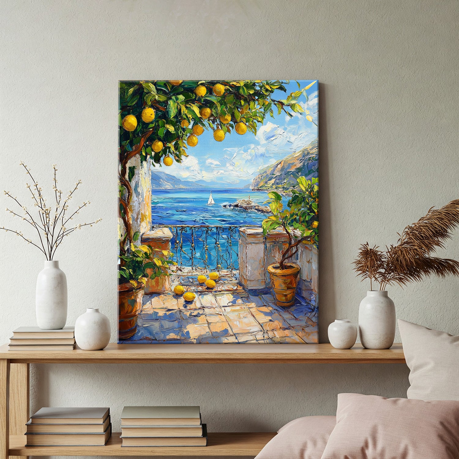 Mediterranean Seaside Balcony with Lemon Tree Canvas Art Print