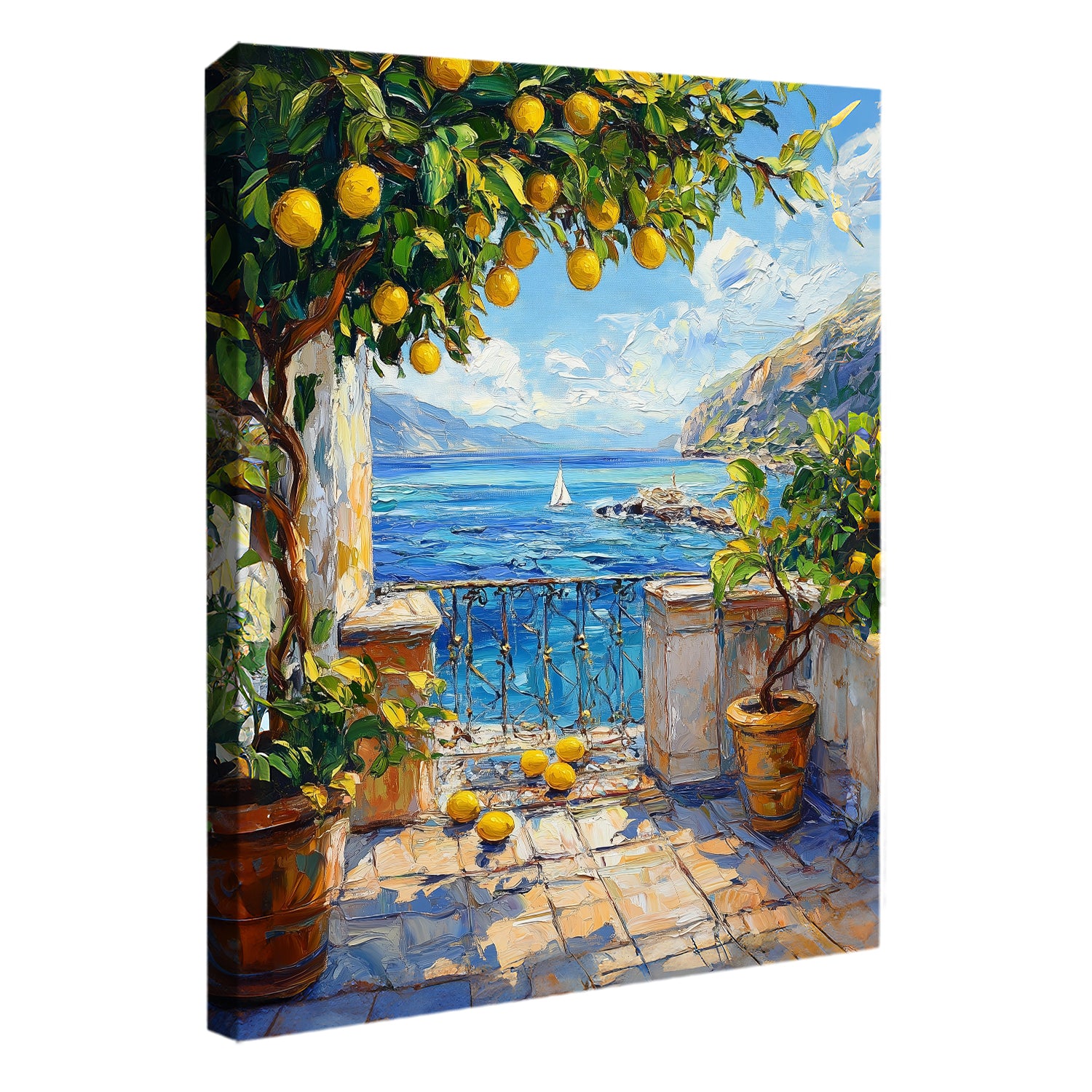 Mediterranean Seaside Balcony with Lemon Tree Canvas Art Print