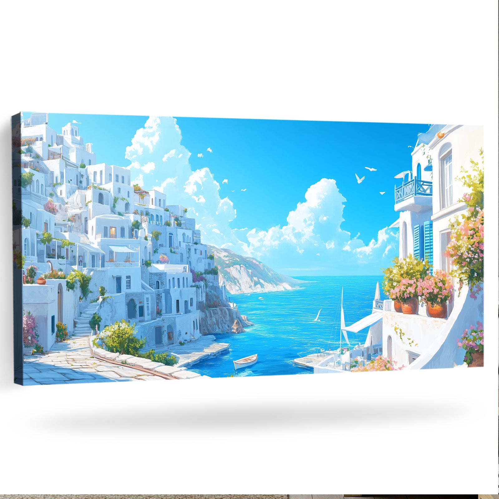 White and Blue Greek Houses with Flowers Wall Canvas