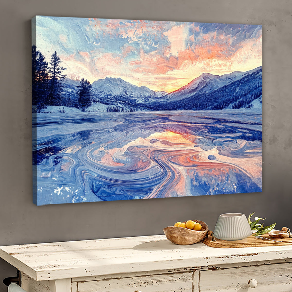 Winter Serenity Mountain Landscape Abstract Canvas Wall Art