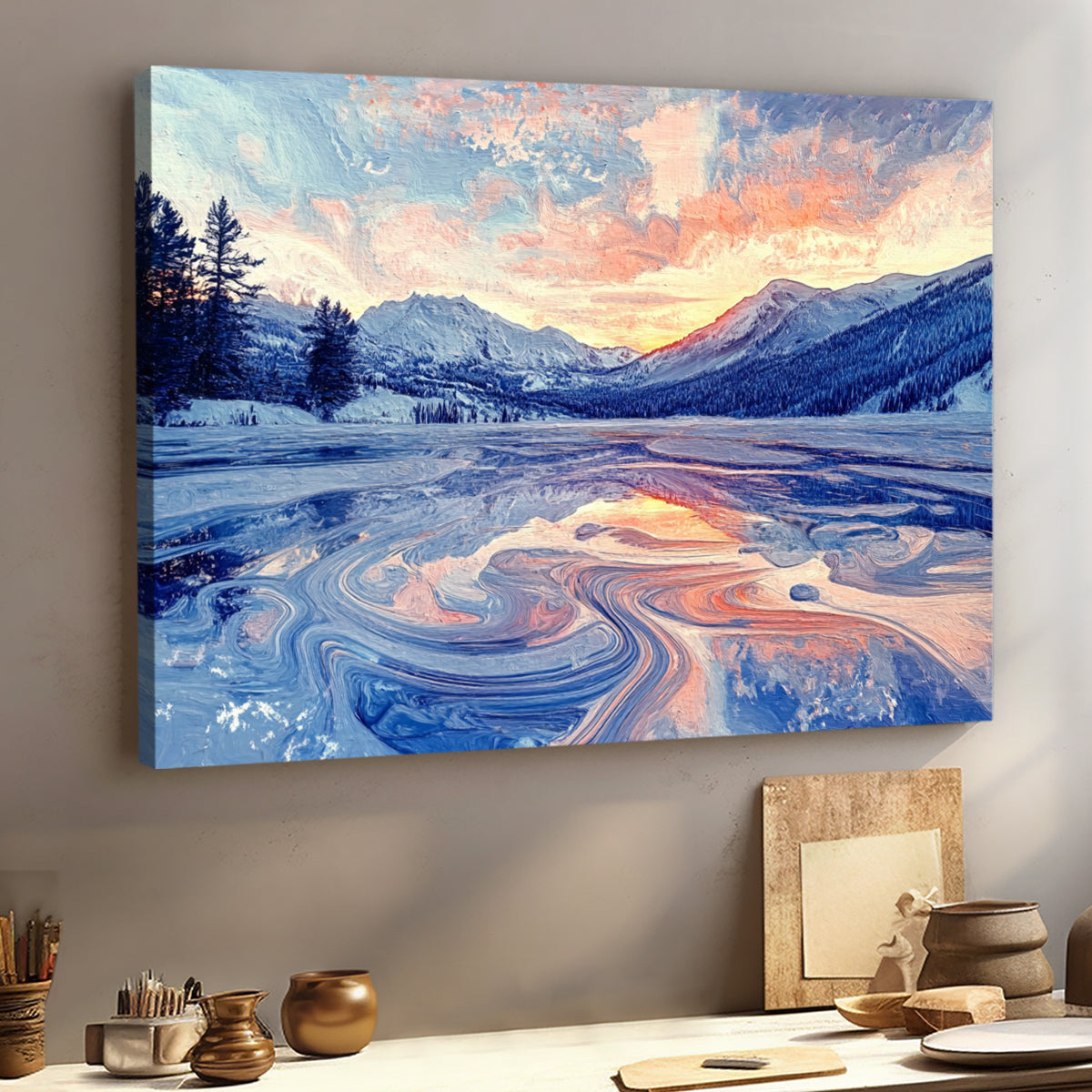 Winter Serenity Mountain Landscape Abstract Canvas Wall Art
