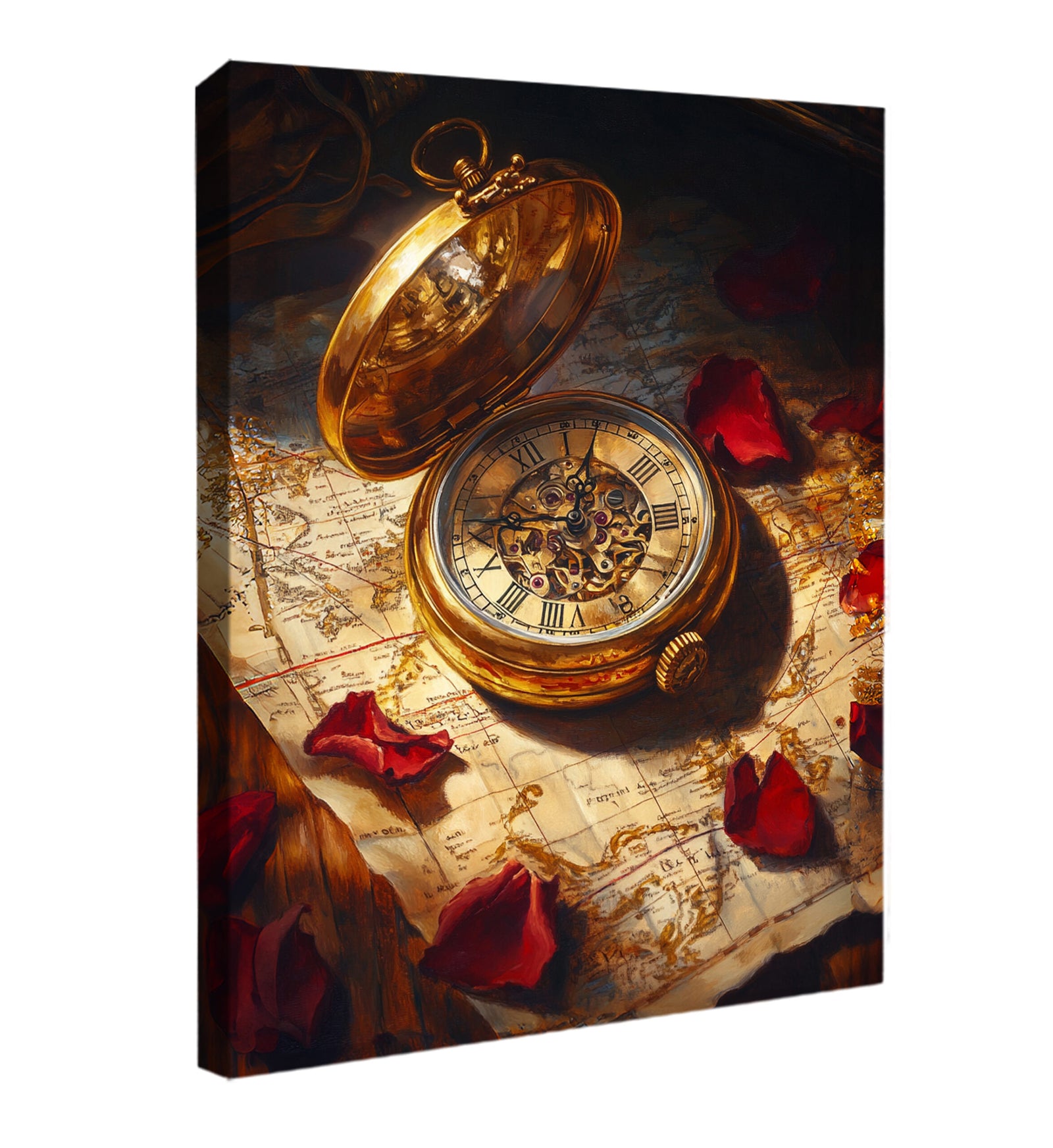 Vintage Pocket Watch and Old Map Oil Painting Canvas Wall Art