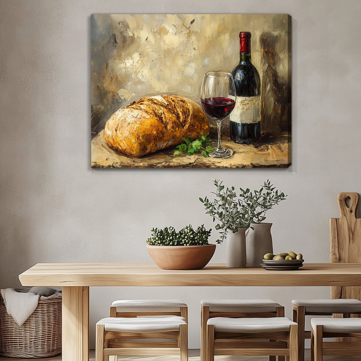 Bread and Red Wine - Vintage Oil Painting Canvas Wall Art