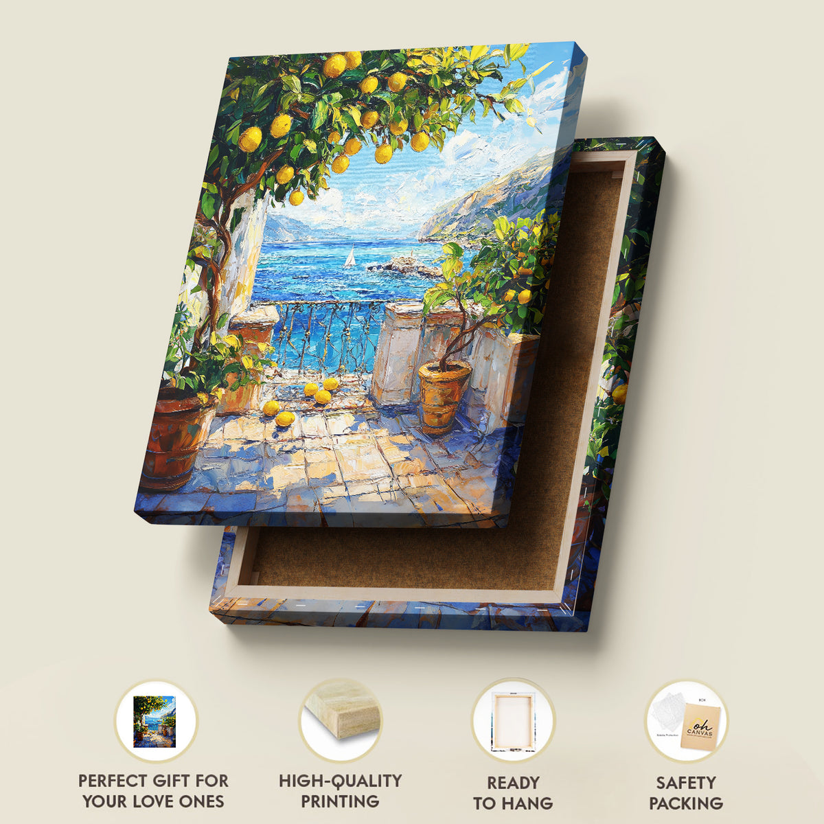Mediterranean Seaside Balcony with Lemon Tree Canvas Art Print