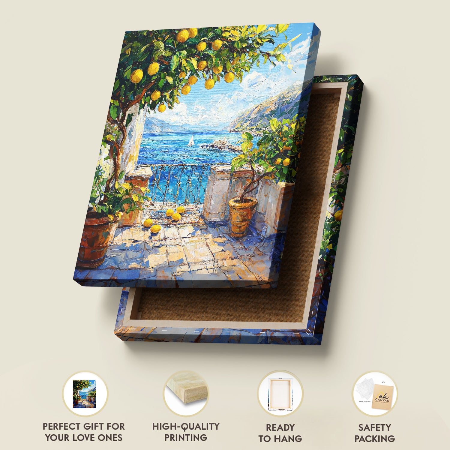 Mediterranean Seaside Balcony with Lemon Tree Canvas Art Print