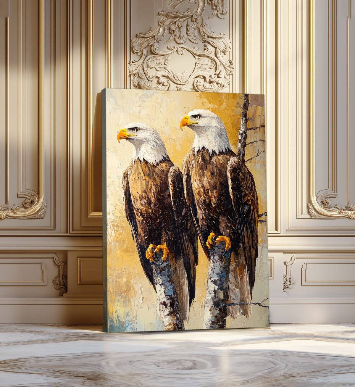 Rustic Bald Eagles Canvas Wall Art – Textured Impasto Oil Painting