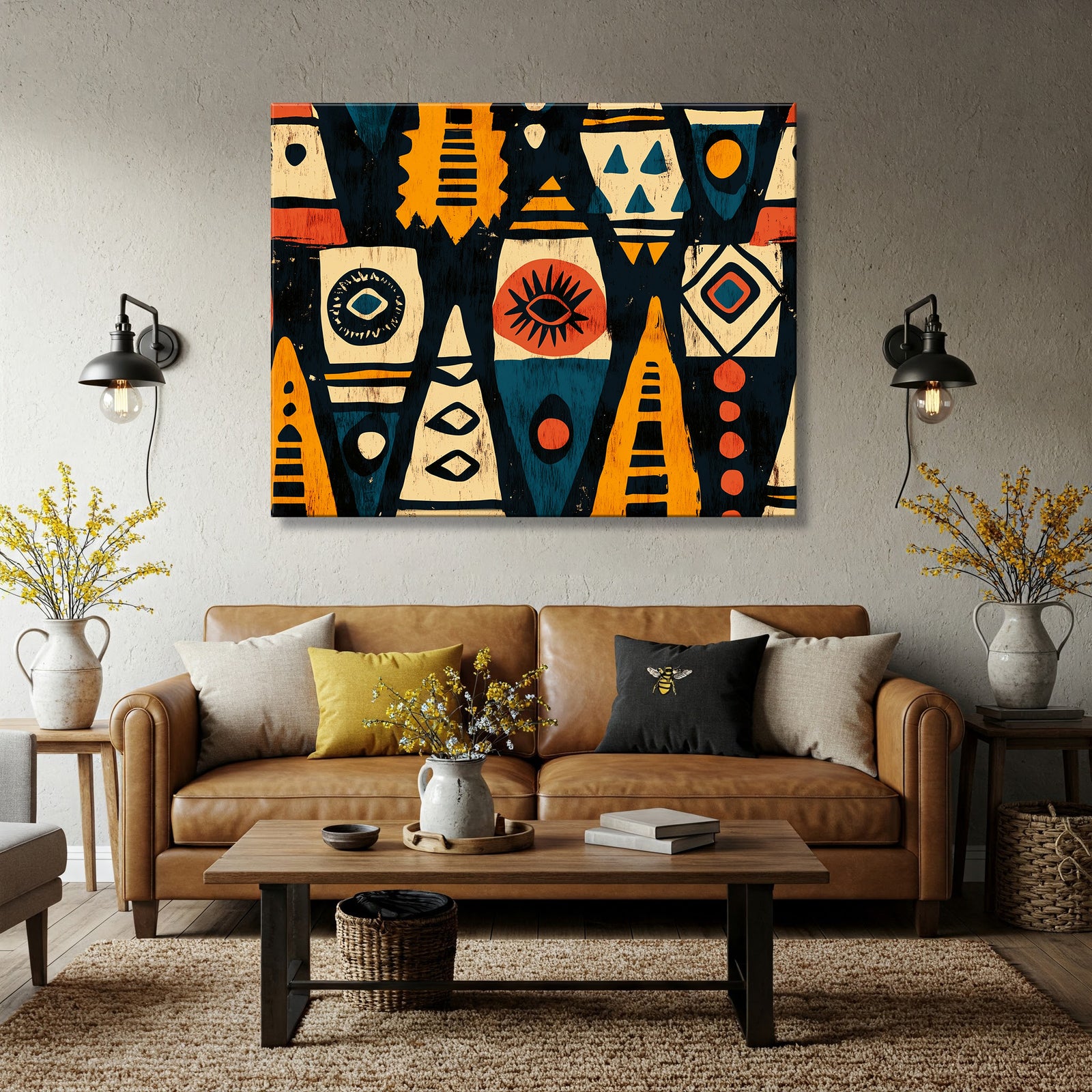 African Tribal Pattern Boho Wall Art in Bold Earth Tones