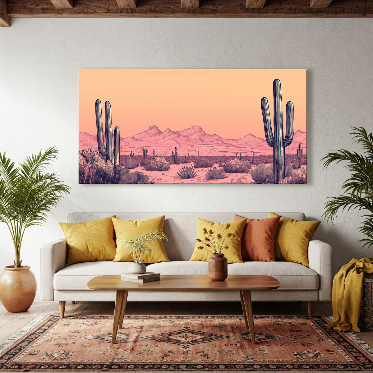 Boho Desert Cactus Line Art at Dusk with Warm Tones