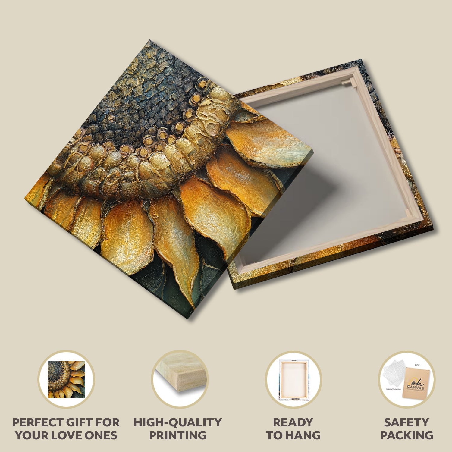 Close-up sunflower canvas print with oil-style texture