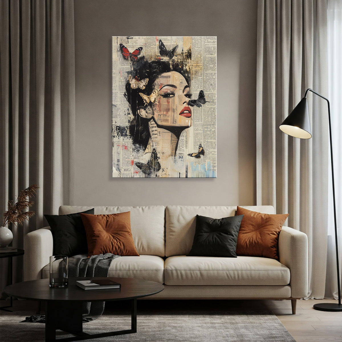 Vintage Butterfly Collage Female Portrait Canvas Art