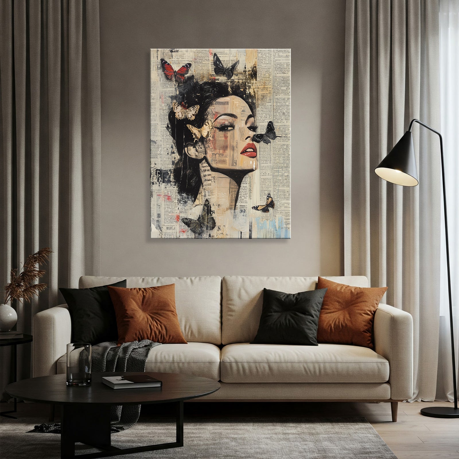 Vintage Butterfly Collage Female Portrait Canvas Art